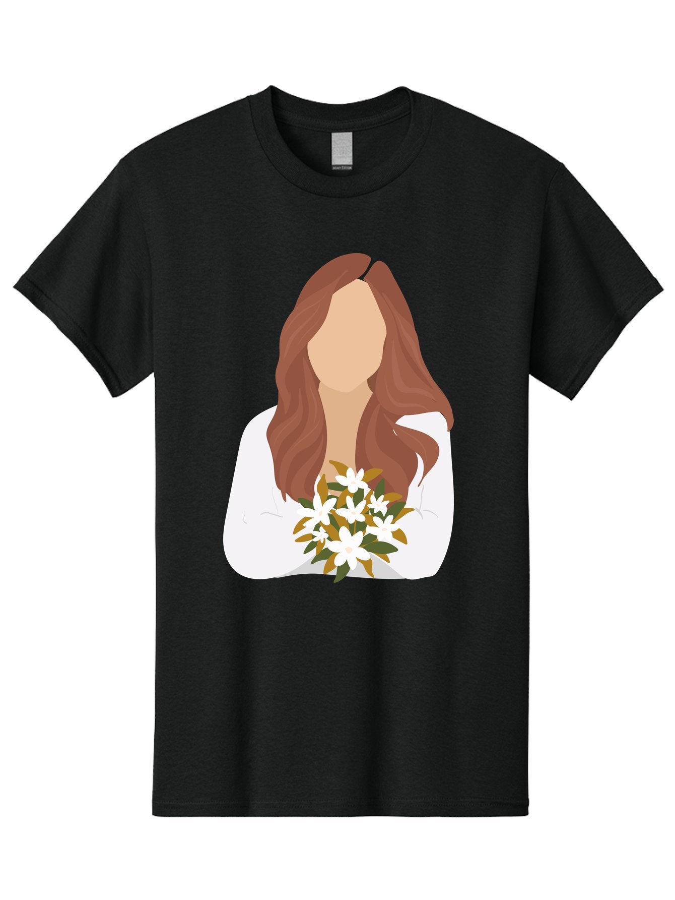 Woman-With-White-Flowers Men'S Graphic Tee, 100% Cotton, Comfortable Casual Summer Wear, Machine Washable, Woman With Long Hair, White Flowers, Bouquet, Elegant Style, Minimalist Design, Faceless Figure, Wavy Locks, Floral Arrangement, Aae083 14