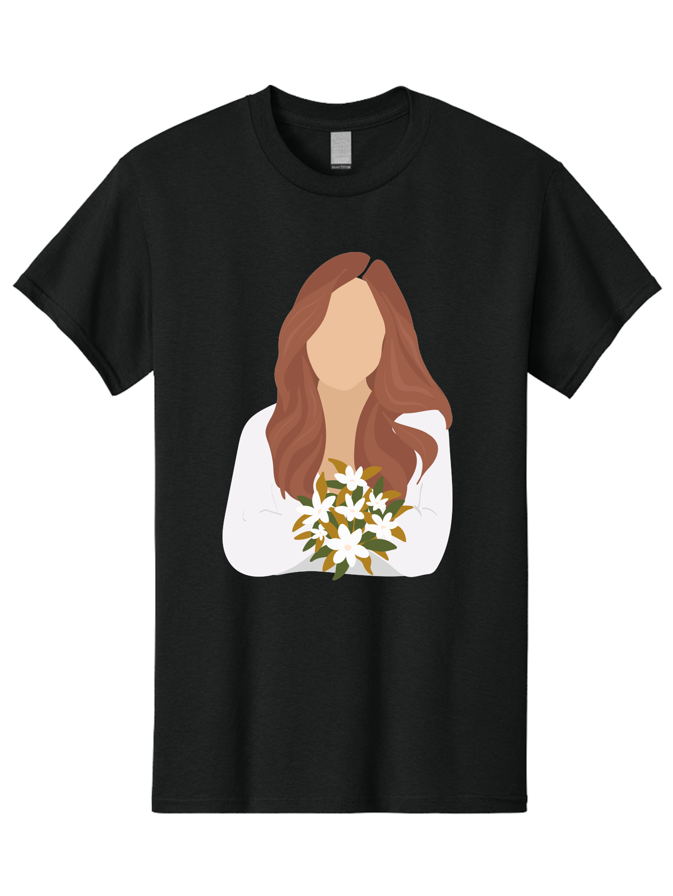 Woman-With-White-Flowers Men'S Graphic Tee, 100% Cotton, Comfortable Casual Summer Wear, Machine Washable, Woman With Long Hair, White Flowers, Bouquet, Elegant Style, Minimalist Design, Faceless Figure, Wavy Locks, Floral Arrangement, Aae083 3