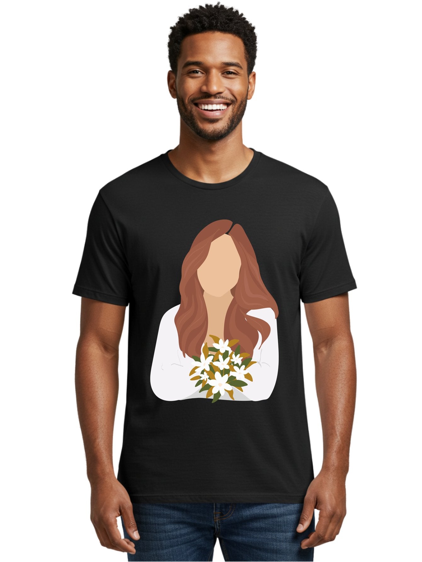Woman-With-White-Flowers Men'S Graphic Tee, 100% Cotton, Comfortable Casual Summer Wear, Machine Washable, Woman With Long Hair, White Flowers, Bouquet, Elegant Style, Minimalist Design, Faceless Figure, Wavy Locks, Floral Arrangement, Aae083 29