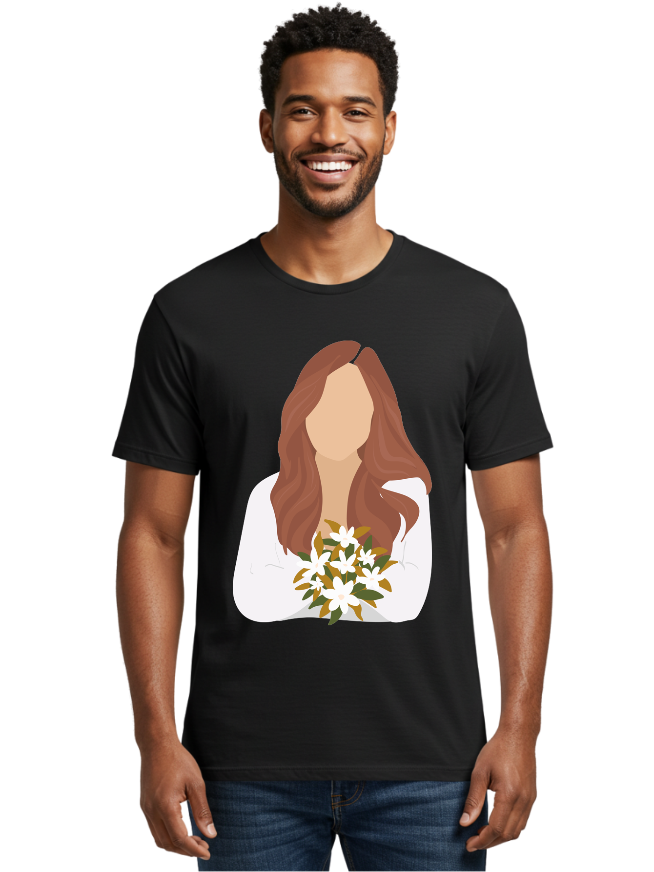 Woman-With-White-Flowers Men'S Graphic Tee, 100% Cotton, Comfortable Casual Summer Wear, Machine Washable, Woman With Long Hair, White Flowers, Bouquet, Elegant Style, Minimalist Design, Faceless Figure, Wavy Locks, Floral Arrangement, Aae083 4