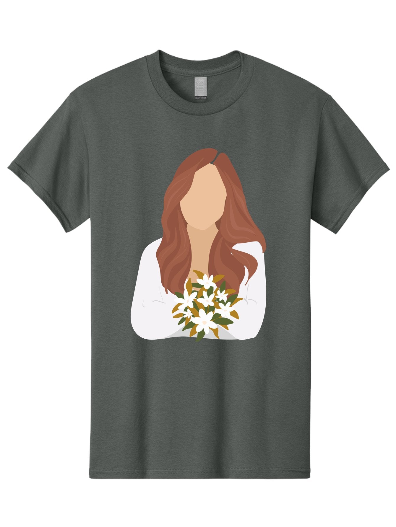 Woman-With-White-Flowers Men'S Graphic Tee, 100% Cotton, Comfortable Casual Summer Wear, Machine Washable, Woman With Long Hair, White Flowers, Bouquet, Elegant Style, Minimalist Design, Faceless Figure, Wavy Locks, Floral Arrangement, Aae083 3