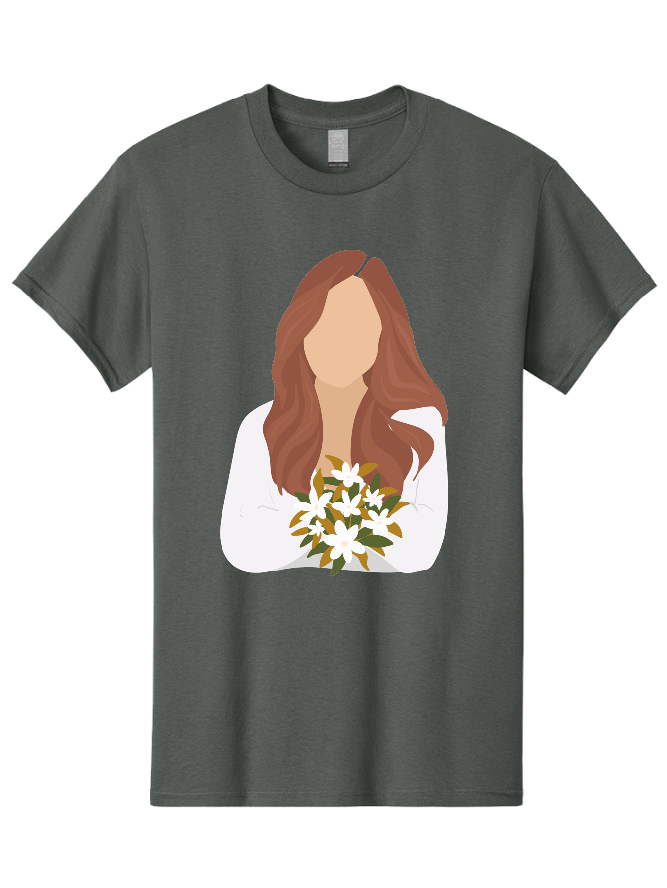 Woman-With-White-Flowers Men'S Graphic Tee, 100% Cotton, Comfortable Casual Summer Wear, Machine Washable, Woman With Long Hair, White Flowers, Bouquet, Elegant Style, Minimalist Design, Faceless Figure, Wavy Locks, Floral Arrangement, Aae083 17
