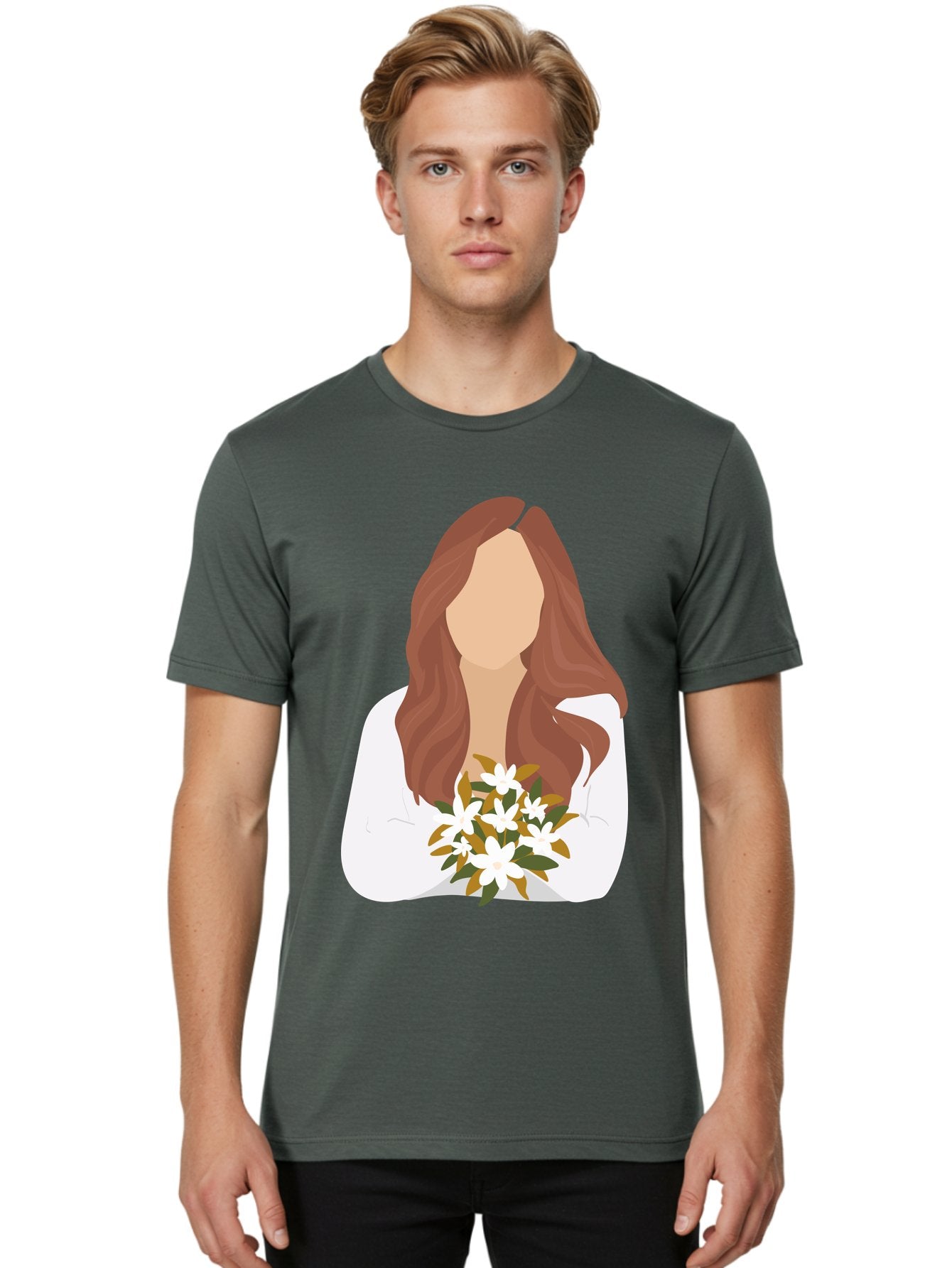 Woman-With-White-Flowers Men'S Graphic Tee, 100% Cotton, Comfortable Casual Summer Wear, Machine Washable, Woman With Long Hair, White Flowers, Bouquet, Elegant Style, Minimalist Design, Faceless Figure, Wavy Locks, Floral Arrangement, Aae083 22