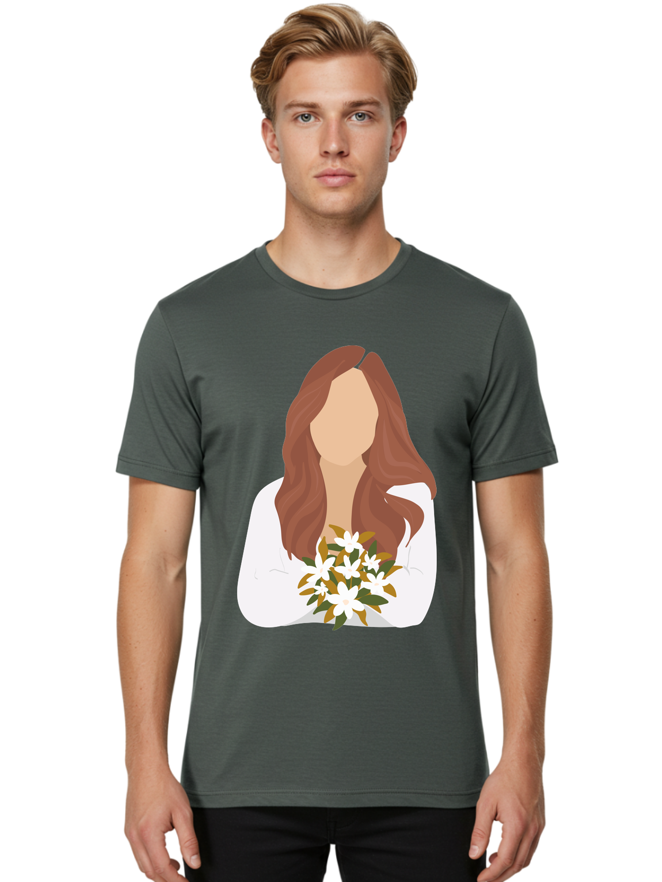 Woman-With-White-Flowers Men'S Graphic Tee, 100% Cotton, Comfortable Casual Summer Wear, Machine Washable, Woman With Long Hair, White Flowers, Bouquet, Elegant Style, Minimalist Design, Faceless Figure, Wavy Locks, Floral Arrangement, Aae083 18