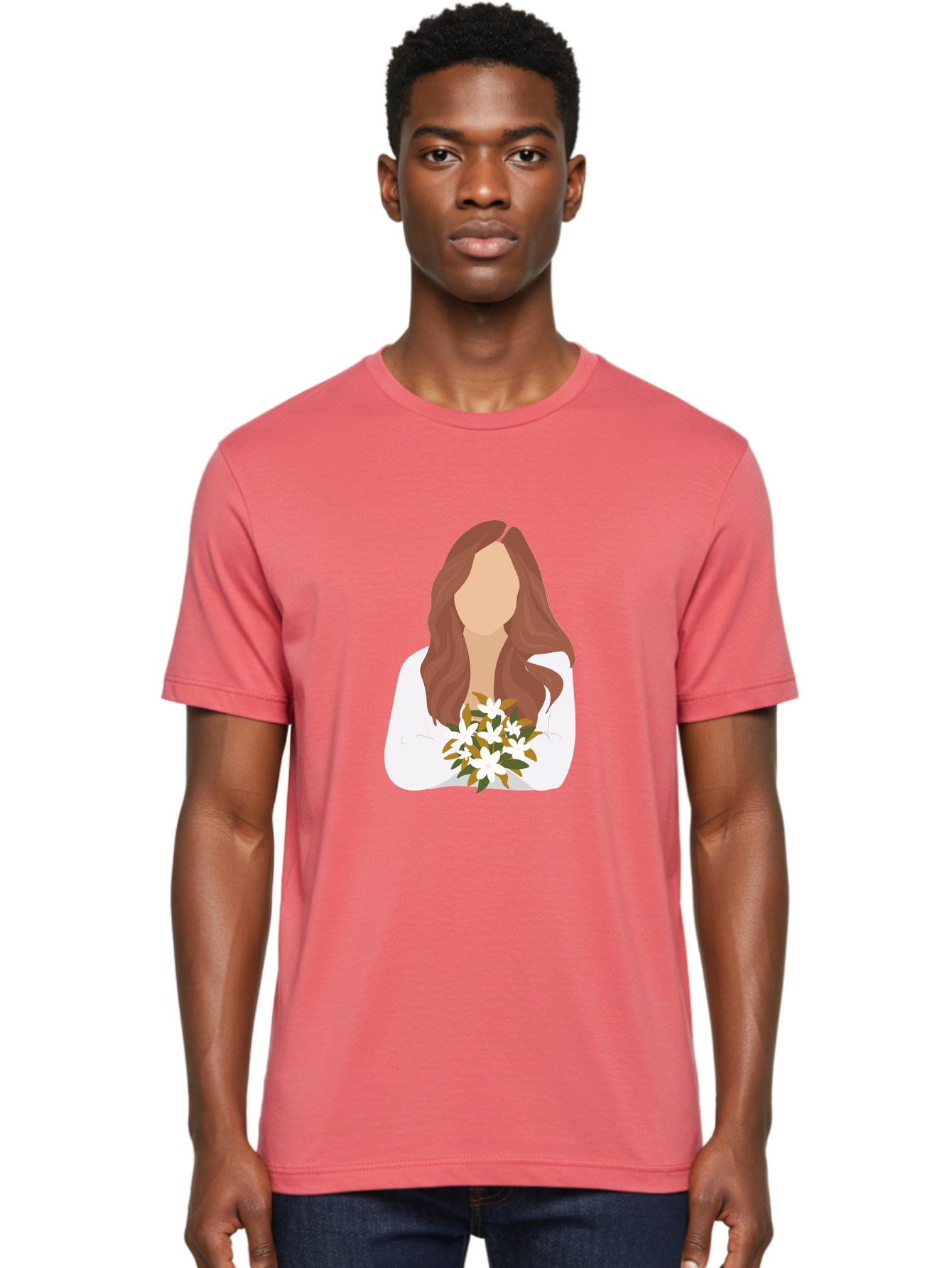 Woman-With-White-Flowers Men'S Graphic Tee, 100% Cotton, Comfortable Casual Summer Wear, Machine Washable, Woman With Long Hair, White Flowers, Bouquet, Elegant Style, Minimalist Design, Faceless Figure, Wavy Locks, Floral Arrangement, Aae083 28