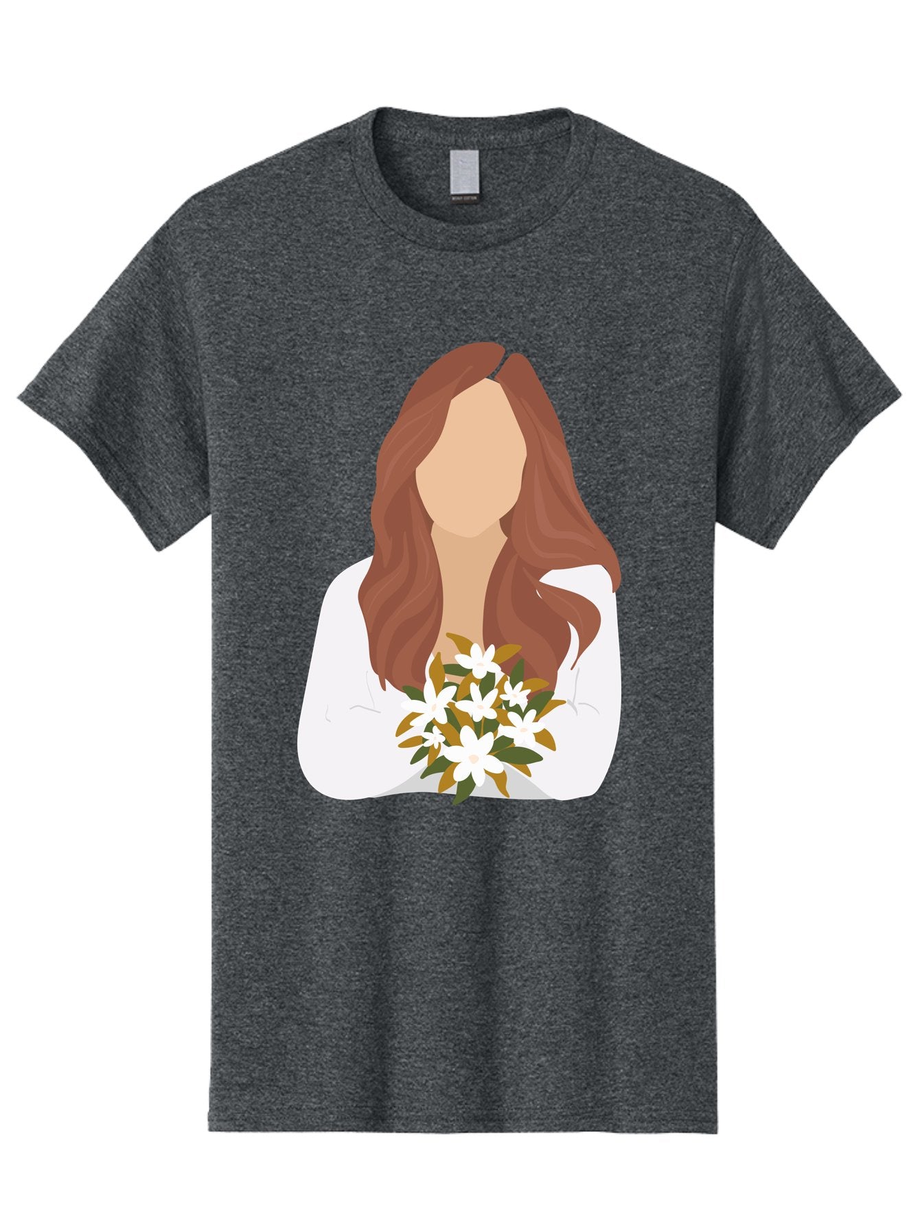 Woman-With-White-Flowers Men'S Graphic Tee, 100% Cotton, Comfortable Casual Summer Wear, Machine Washable, Woman With Long Hair, White Flowers, Bouquet, Elegant Style, Minimalist Design, Faceless Figure, Wavy Locks, Floral Arrangement, Aae083 9