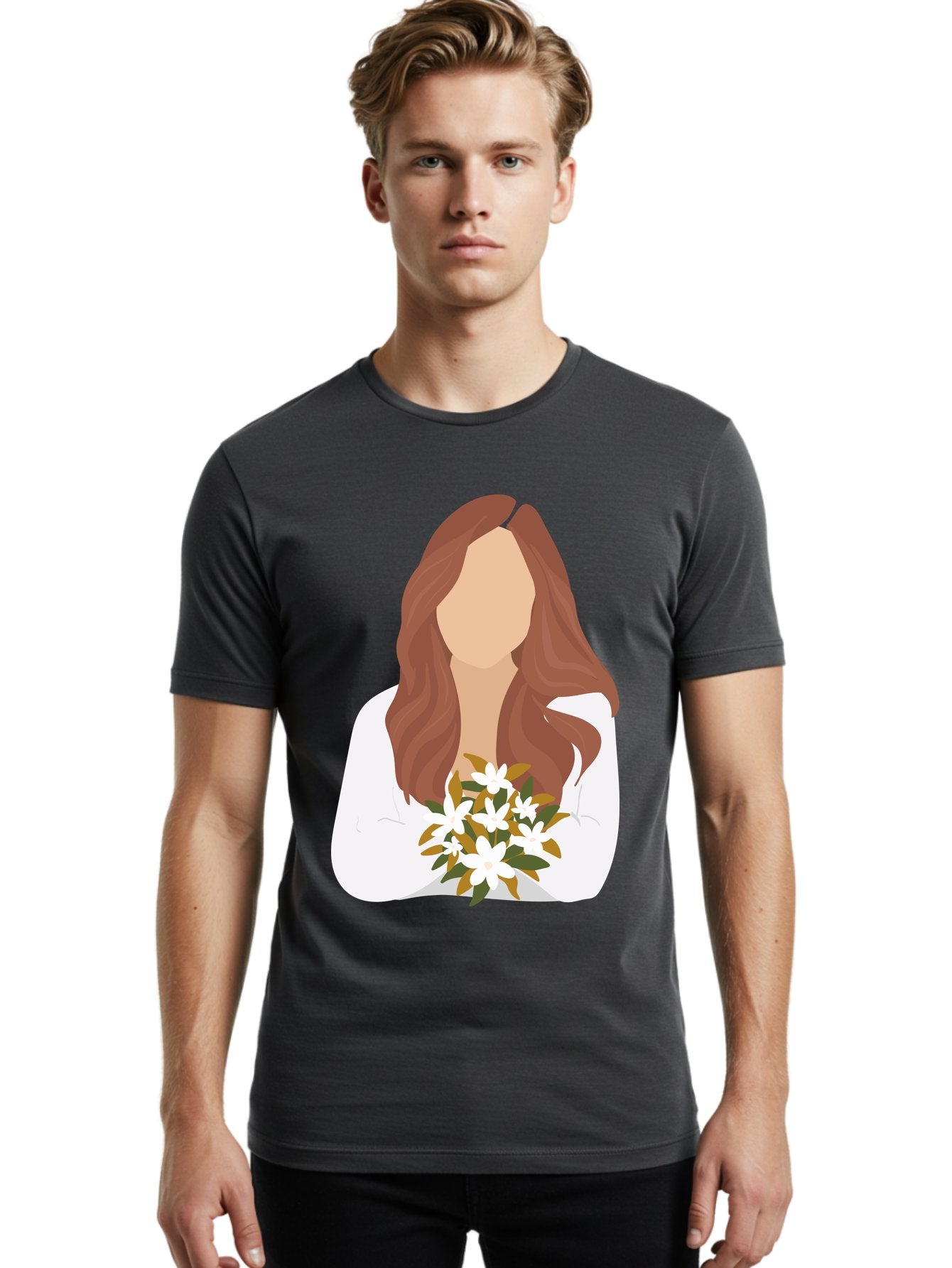 Woman-With-White-Flowers Men'S Graphic Tee, 100% Cotton, Comfortable Casual Summer Wear, Machine Washable, Woman With Long Hair, White Flowers, Bouquet, Elegant Style, Minimalist Design, Faceless Figure, Wavy Locks, Floral Arrangement, Aae083 26