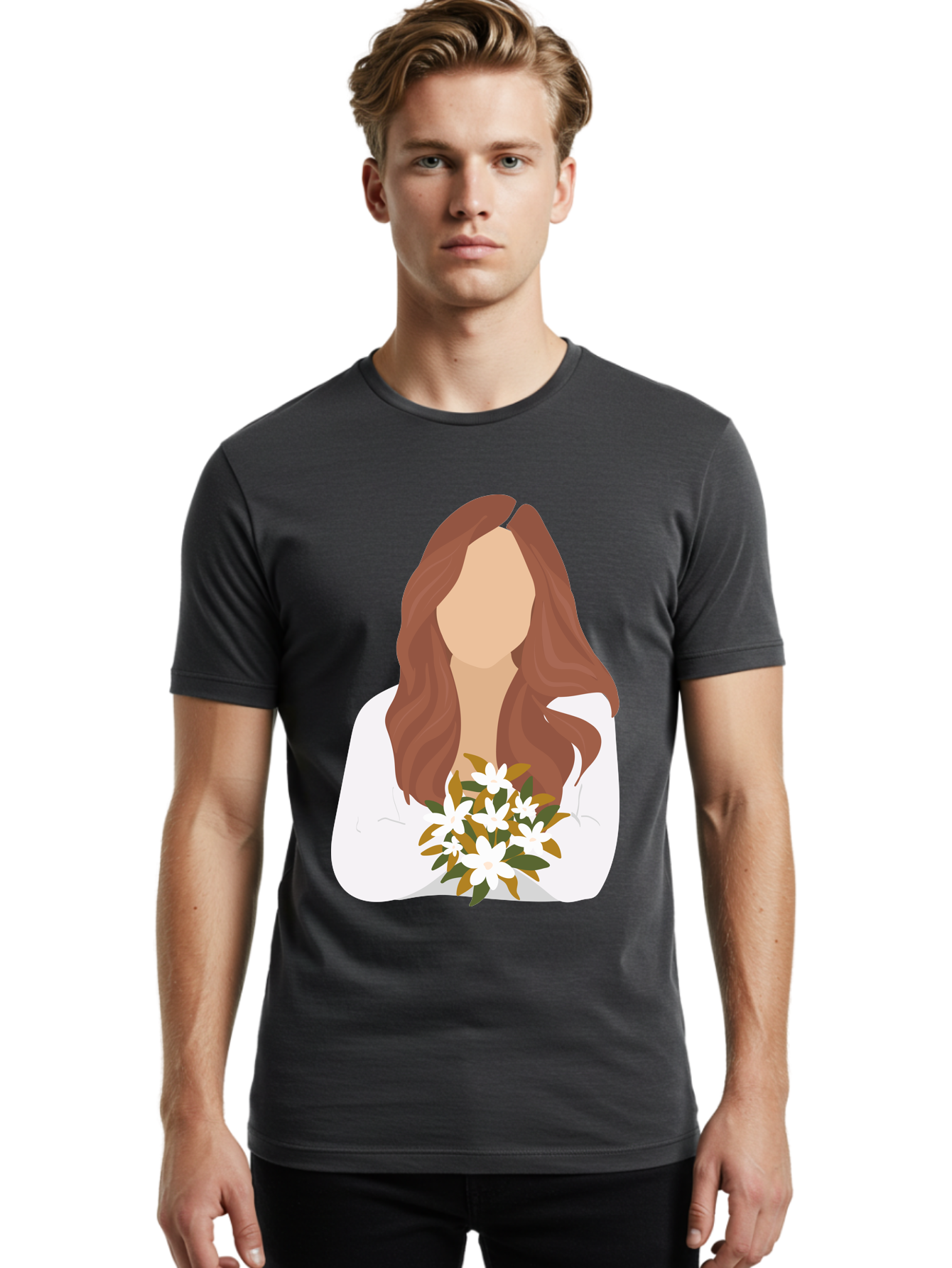 Woman-With-White-Flowers Men'S Graphic Tee, 100% Cotton, Comfortable Casual Summer Wear, Machine Washable, Woman With Long Hair, White Flowers, Bouquet, Elegant Style, Minimalist Design, Faceless Figure, Wavy Locks, Floral Arrangement, Aae083 10