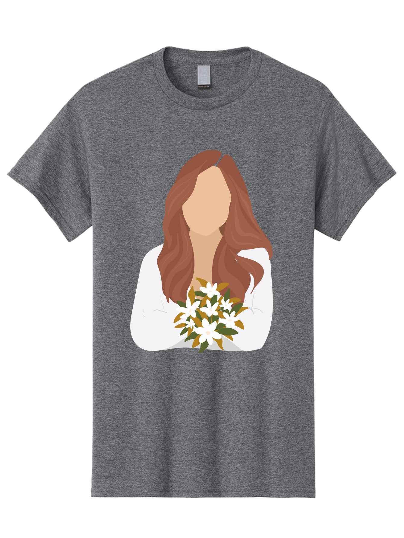 Woman-With-White-Flowers Men'S Graphic Tee, 100% Cotton, Comfortable Casual Summer Wear, Machine Washable, Woman With Long Hair, White Flowers, Bouquet, Elegant Style, Minimalist Design, Faceless Figure, Wavy Locks, Floral Arrangement, Aae083 8