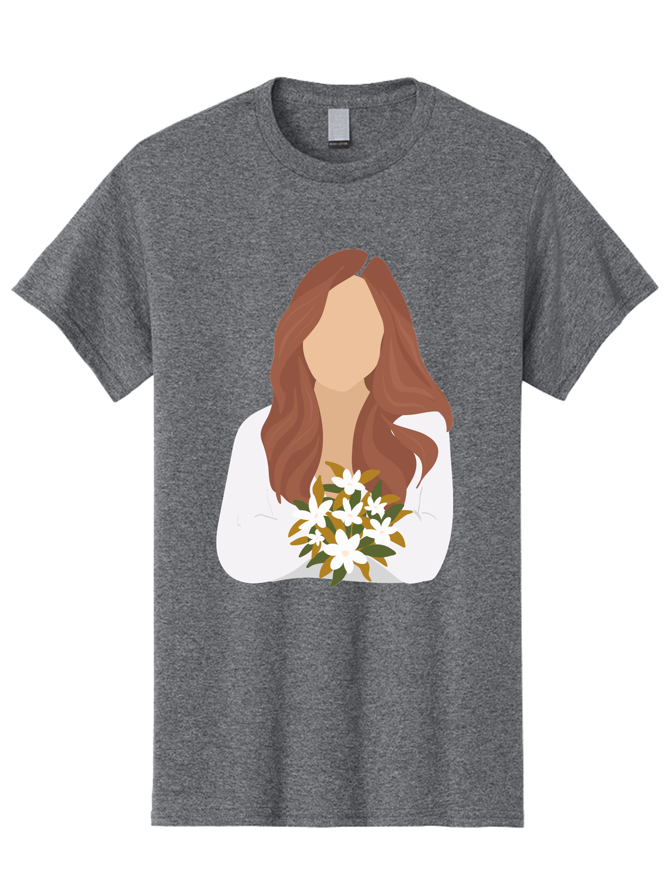 Woman-With-White-Flowers Men'S Graphic Tee, 100% Cotton, Comfortable Casual Summer Wear, Machine Washable, Woman With Long Hair, White Flowers, Bouquet, Elegant Style, Minimalist Design, Faceless Figure, Wavy Locks, Floral Arrangement, Aae083 11
