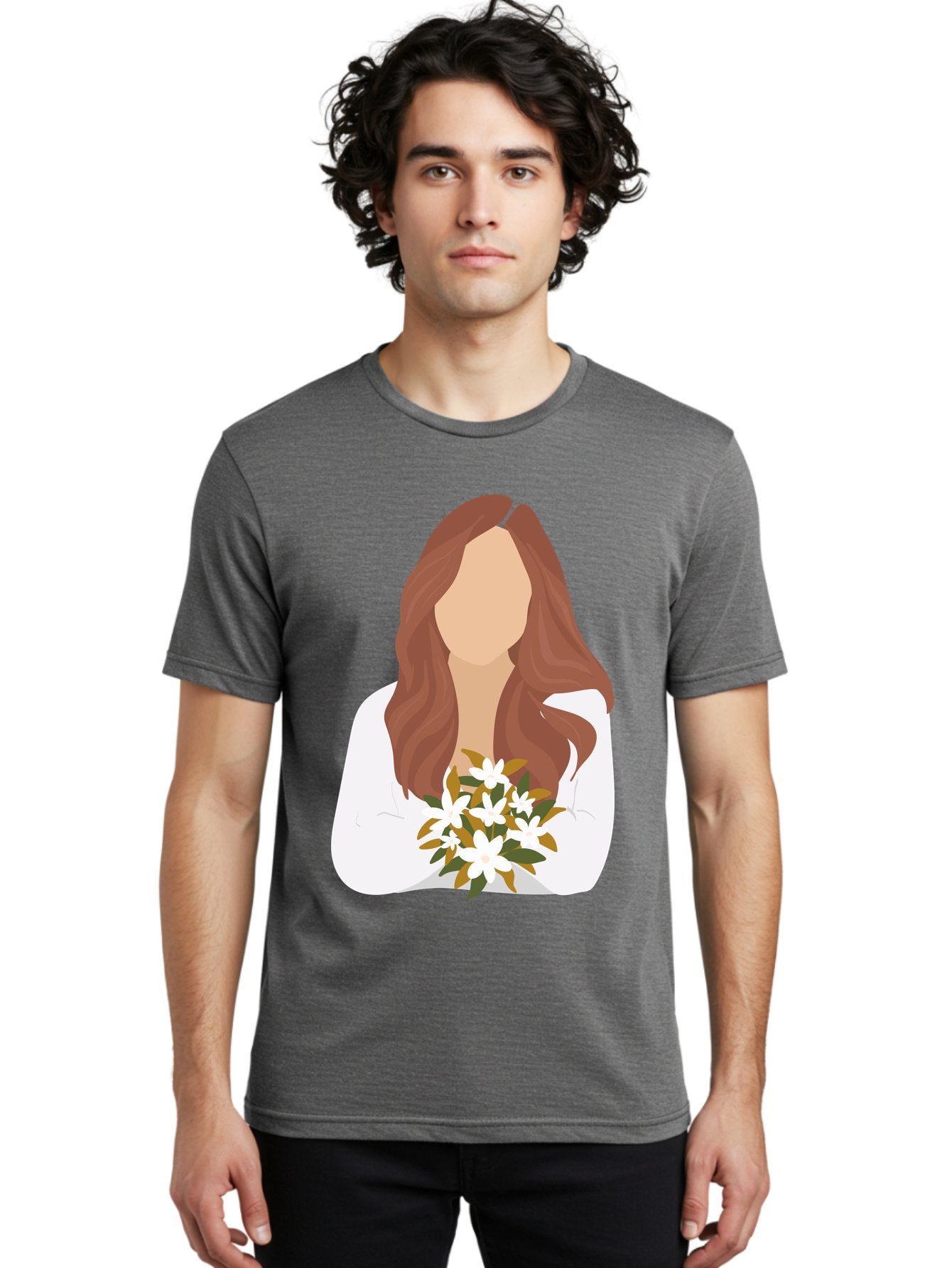 Woman-With-White-Flowers Men'S Graphic Tee, 100% Cotton, Comfortable Casual Summer Wear, Machine Washable, Woman With Long Hair, White Flowers, Bouquet, Elegant Style, Minimalist Design, Faceless Figure, Wavy Locks, Floral Arrangement, Aae083 25