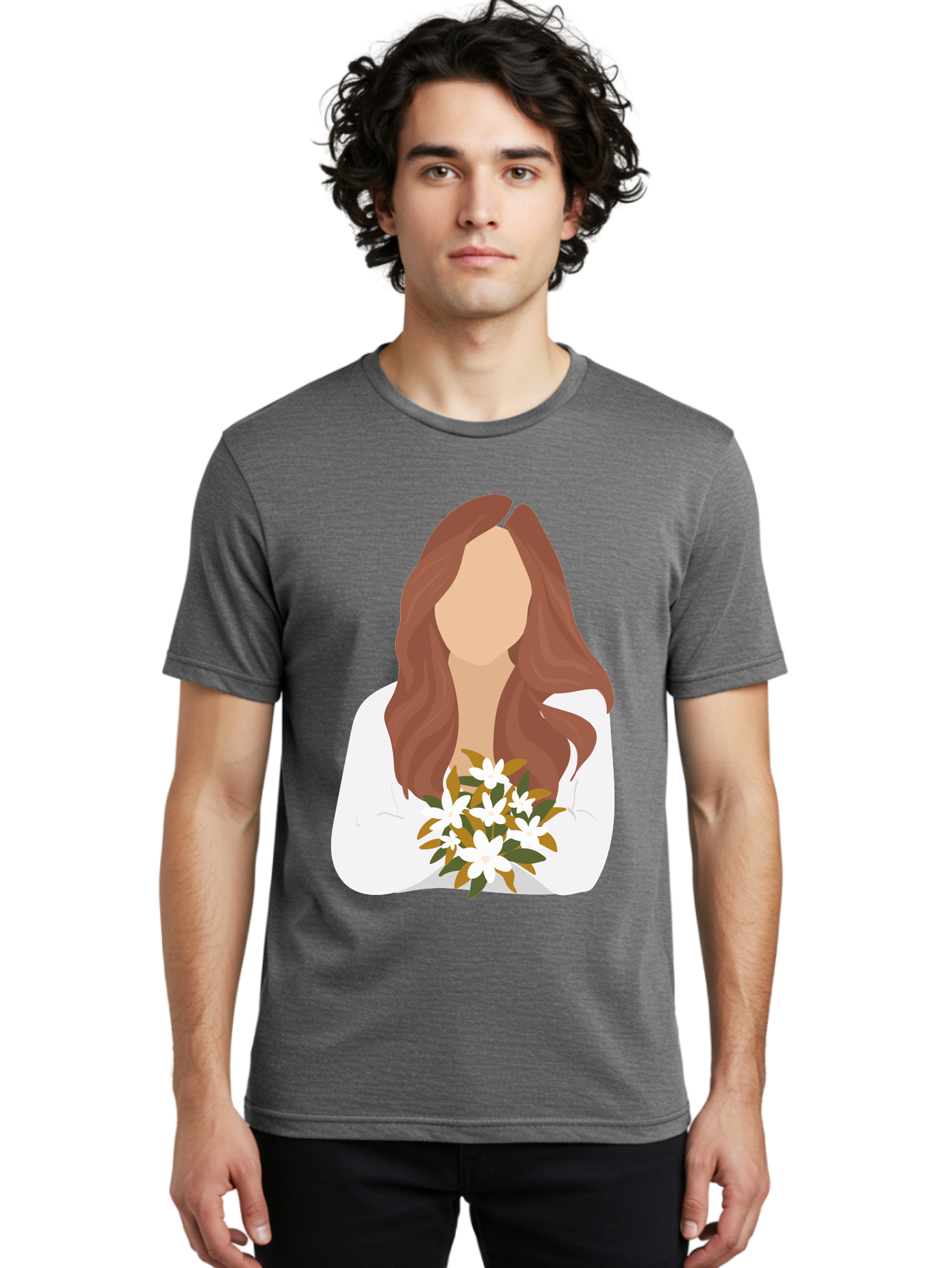 Woman-With-White-Flowers Men'S Graphic Tee, 100% Cotton, Comfortable Casual Summer Wear, Machine Washable, Woman With Long Hair, White Flowers, Bouquet, Elegant Style, Minimalist Design, Faceless Figure, Wavy Locks, Floral Arrangement, Aae083 12