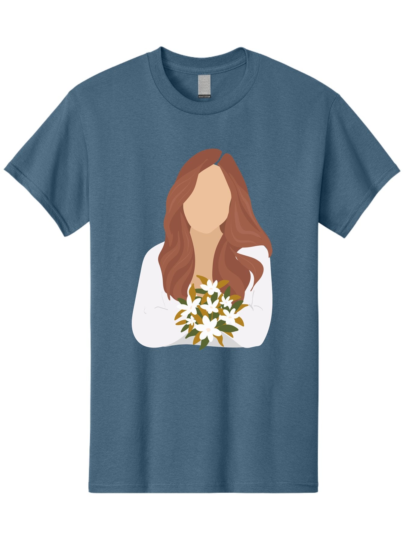 Woman-With-White-Flowers Men'S Graphic Tee, 100% Cotton, Comfortable Casual Summer Wear, Machine Washable, Woman With Long Hair, White Flowers, Bouquet, Elegant Style, Minimalist Design, Faceless Figure, Wavy Locks, Floral Arrangement, Aae083 13
