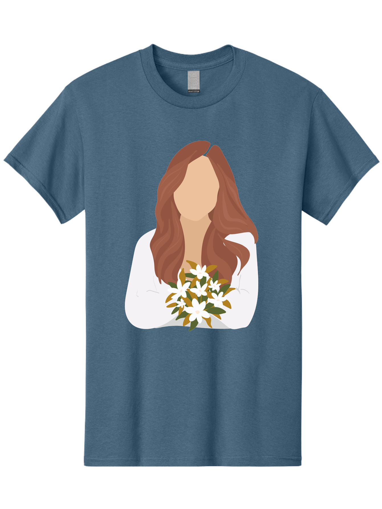 Woman-With-White-Flowers Men'S Graphic Tee, 100% Cotton, Comfortable Casual Summer Wear, Machine Washable, Woman With Long Hair, White Flowers, Bouquet, Elegant Style, Minimalist Design, Faceless Figure, Wavy Locks, Floral Arrangement, Aae083 29
