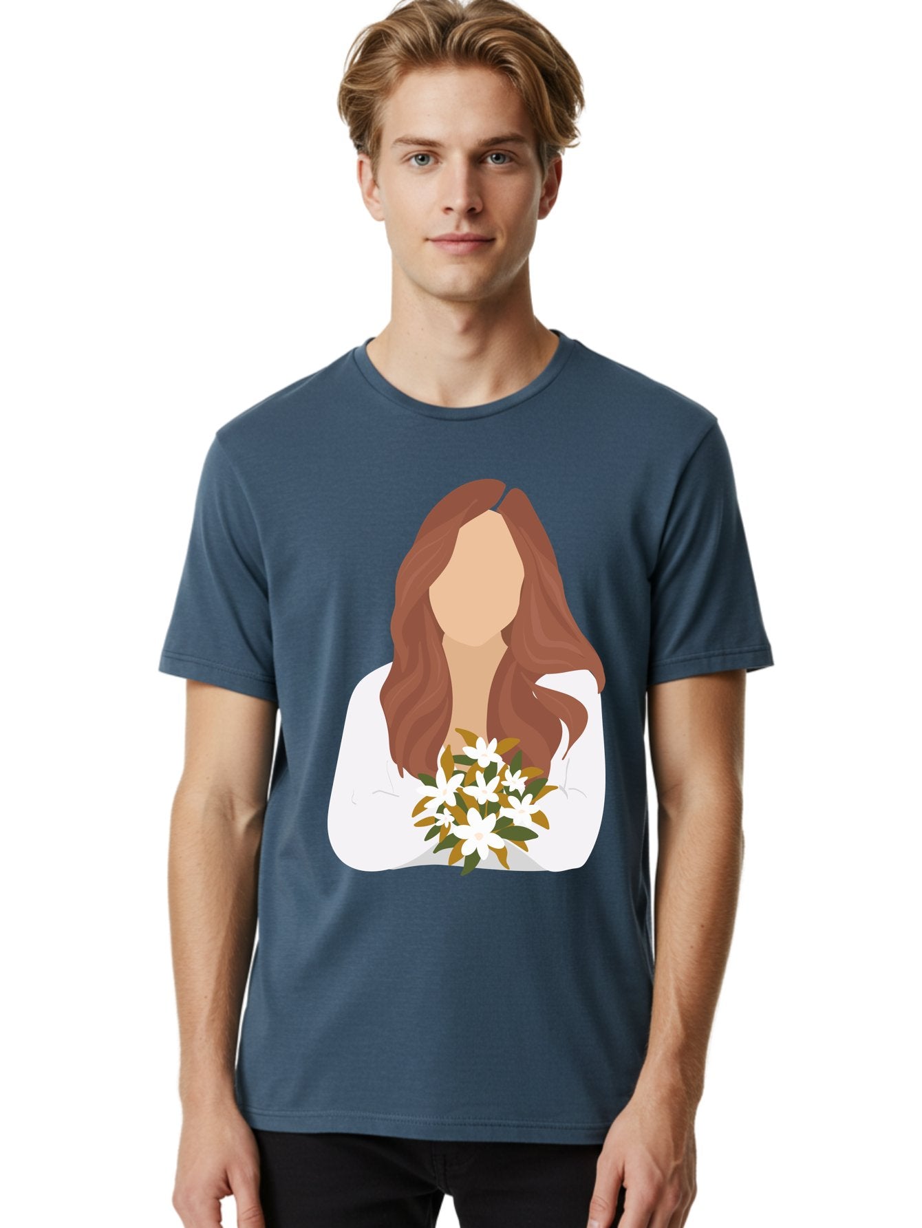 Woman-With-White-Flowers Men'S Graphic Tee, 100% Cotton, Comfortable Casual Summer Wear, Machine Washable, Woman With Long Hair, White Flowers, Bouquet, Elegant Style, Minimalist Design, Faceless Figure, Wavy Locks, Floral Arrangement, Aae083 20