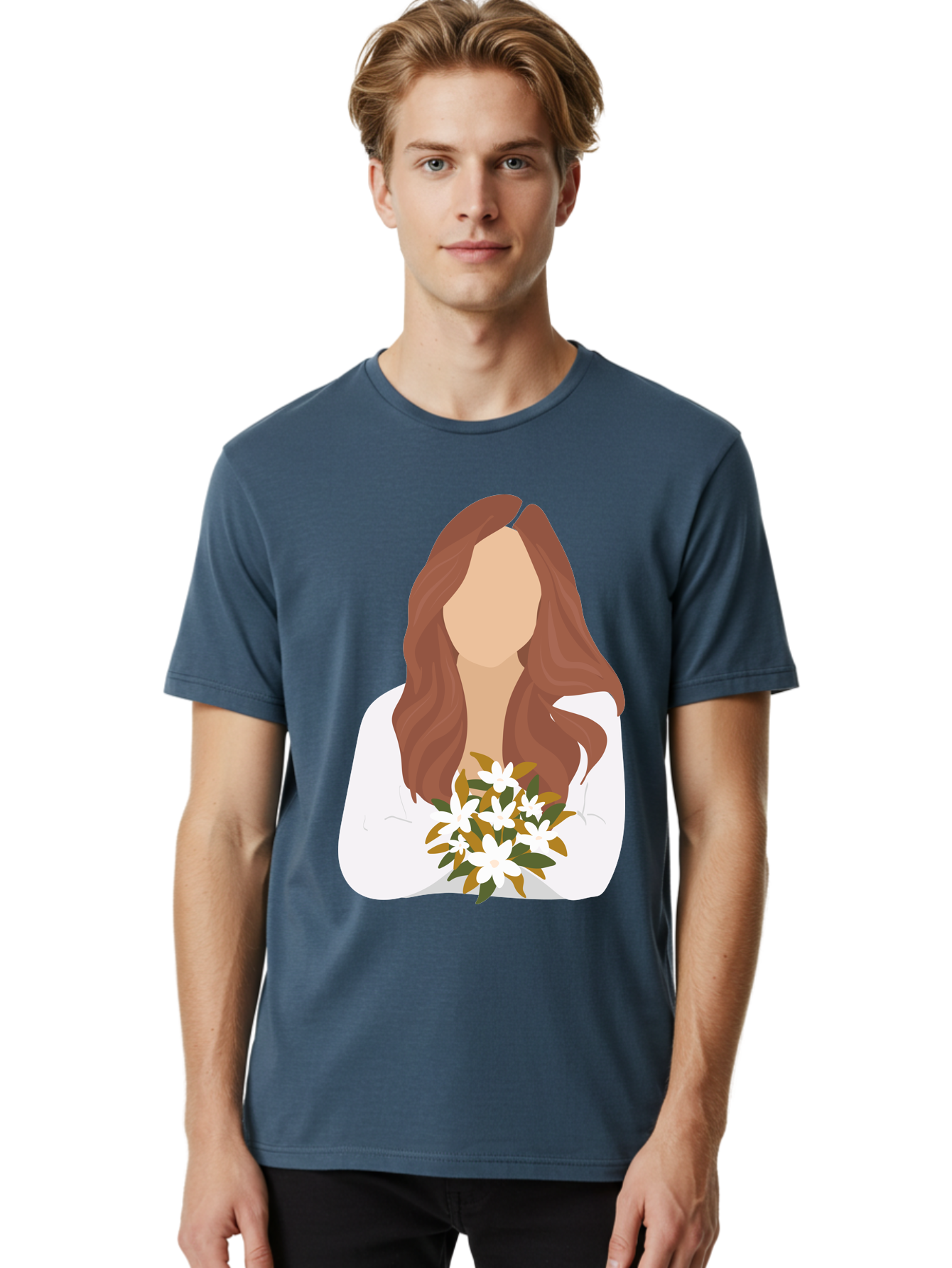 Woman-With-White-Flowers Men'S Graphic Tee, 100% Cotton, Comfortable Casual Summer Wear, Machine Washable, Woman With Long Hair, White Flowers, Bouquet, Elegant Style, Minimalist Design, Faceless Figure, Wavy Locks, Floral Arrangement, Aae083 30