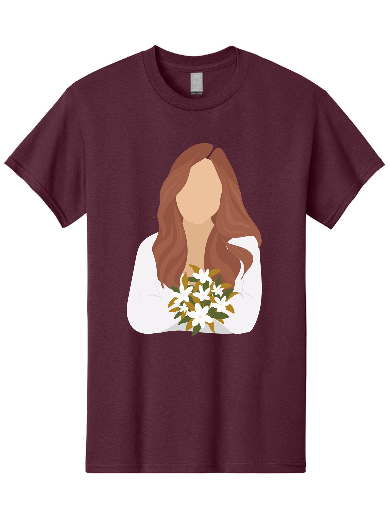 Woman-With-White-Flowers Men'S Graphic Tee, 100% Cotton, Comfortable Casual Summer Wear, Machine Washable, Woman With Long Hair, White Flowers, Bouquet, Elegant Style, Minimalist Design, Faceless Figure, Wavy Locks, Floral Arrangement, Aae083 7