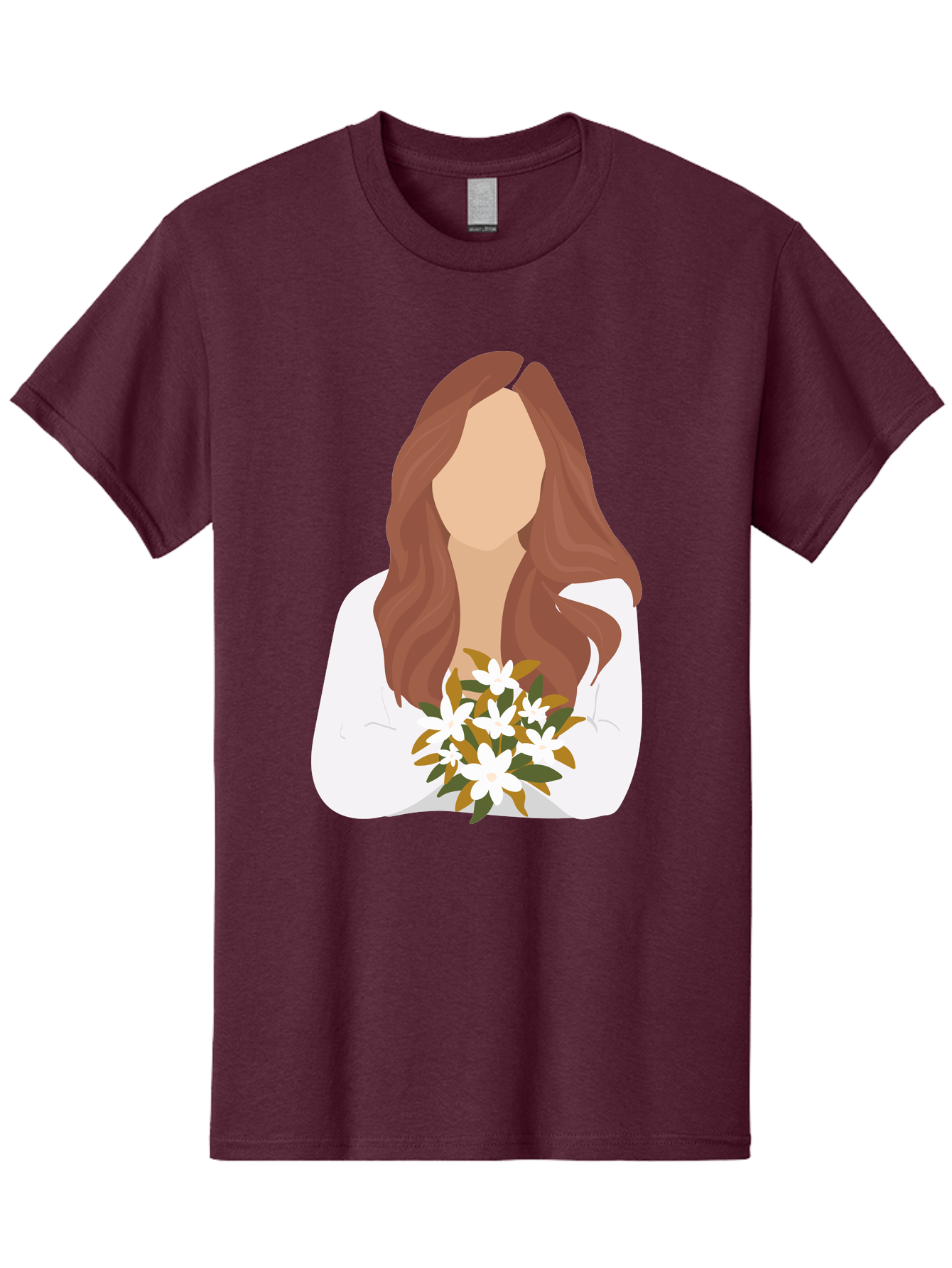 Woman-With-White-Flowers Men'S Graphic Tee, 100% Cotton, Comfortable Casual Summer Wear, Machine Washable, Woman With Long Hair, White Flowers, Bouquet, Elegant Style, Minimalist Design, Faceless Figure, Wavy Locks, Floral Arrangement, Aae083 25