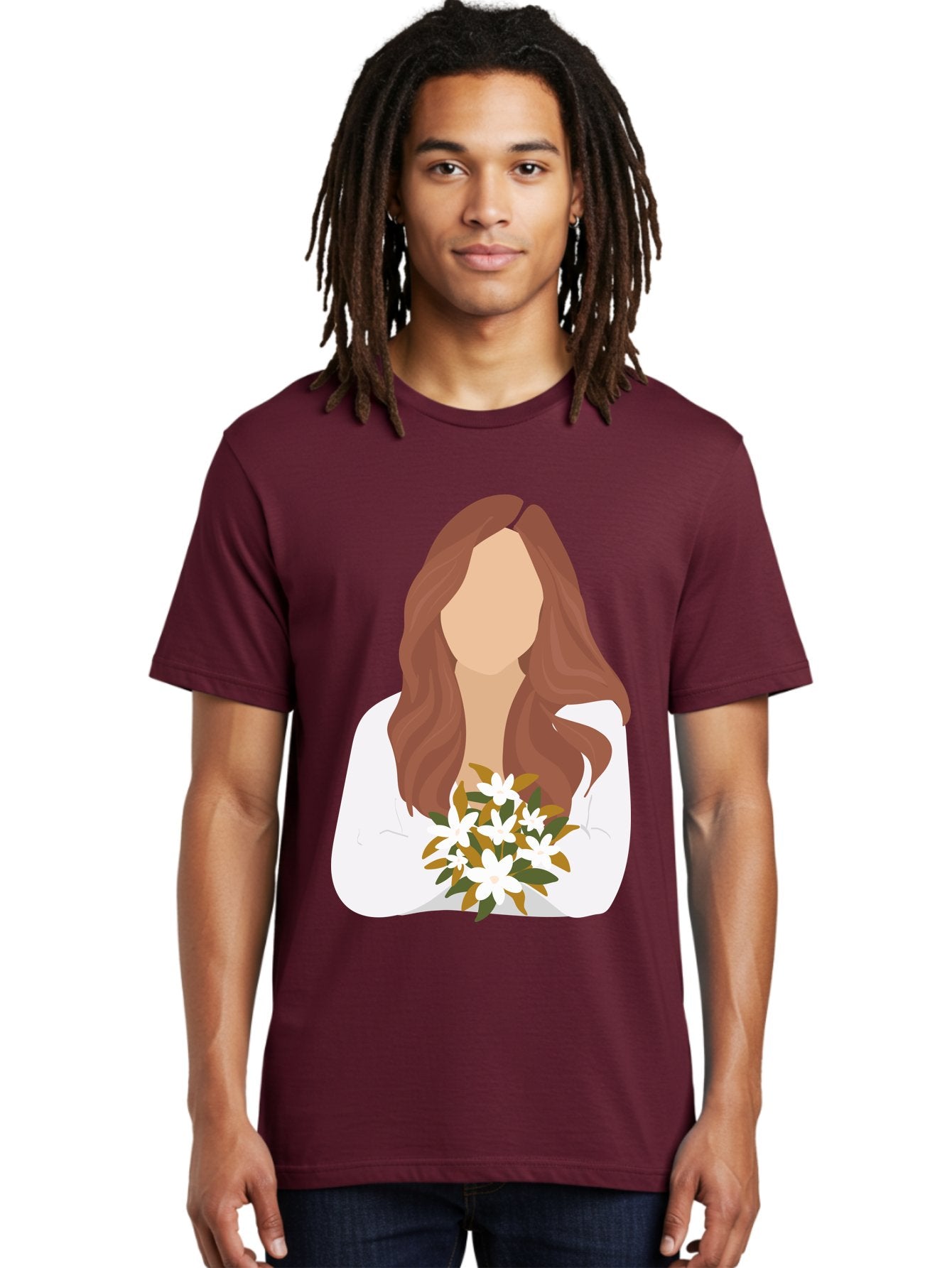 Woman-With-White-Flowers Men'S Graphic Tee, 100% Cotton, Comfortable Casual Summer Wear, Machine Washable, Woman With Long Hair, White Flowers, Bouquet, Elegant Style, Minimalist Design, Faceless Figure, Wavy Locks, Floral Arrangement, Aae083 16