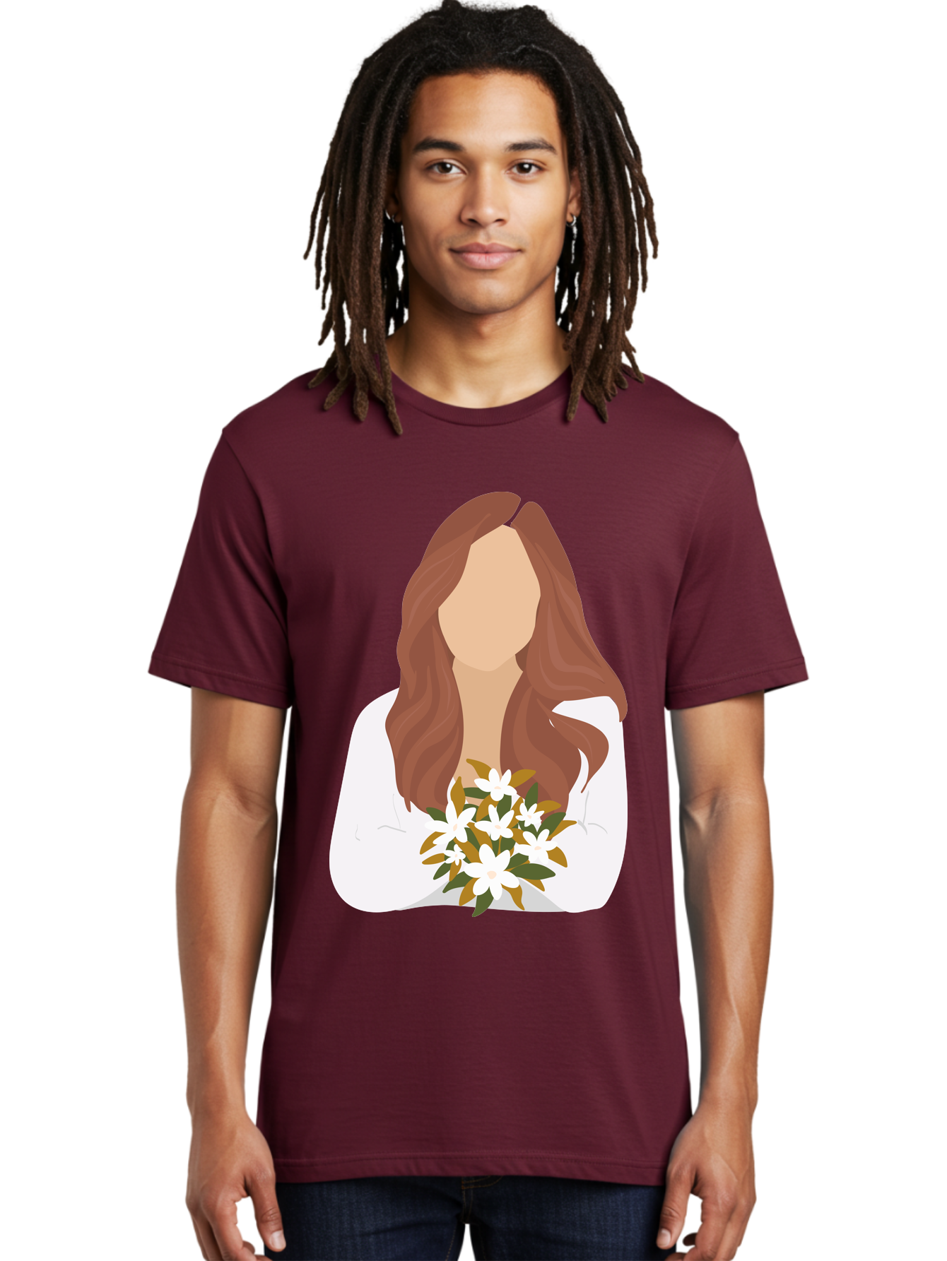 Woman-With-White-Flowers Men'S Graphic Tee, 100% Cotton, Comfortable Casual Summer Wear, Machine Washable, Woman With Long Hair, White Flowers, Bouquet, Elegant Style, Minimalist Design, Faceless Figure, Wavy Locks, Floral Arrangement, Aae083 26