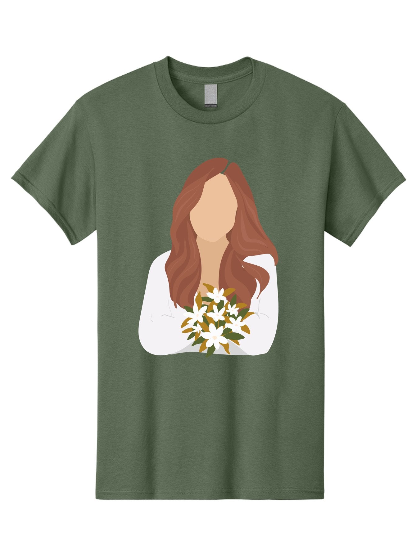 Woman-With-White-Flowers Men'S Graphic Tee, 100% Cotton, Comfortable Casual Summer Wear, Machine Washable, Woman With Long Hair, White Flowers, Bouquet, Elegant Style, Minimalist Design, Faceless Figure, Wavy Locks, Floral Arrangement, Aae083 15