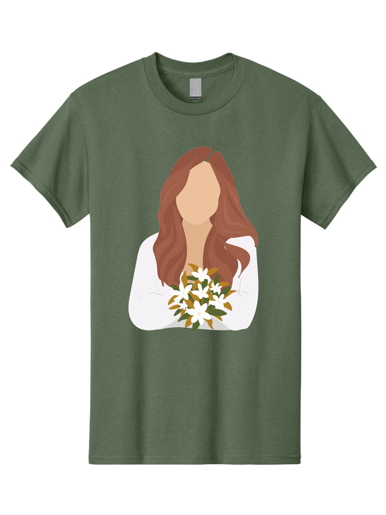 Woman-With-White-Flowers Men'S Graphic Tee, 100% Cotton, Comfortable Casual Summer Wear, Machine Washable, Woman With Long Hair, White Flowers, Bouquet, Elegant Style, Minimalist Design, Faceless Figure, Wavy Locks, Floral Arrangement, Aae083