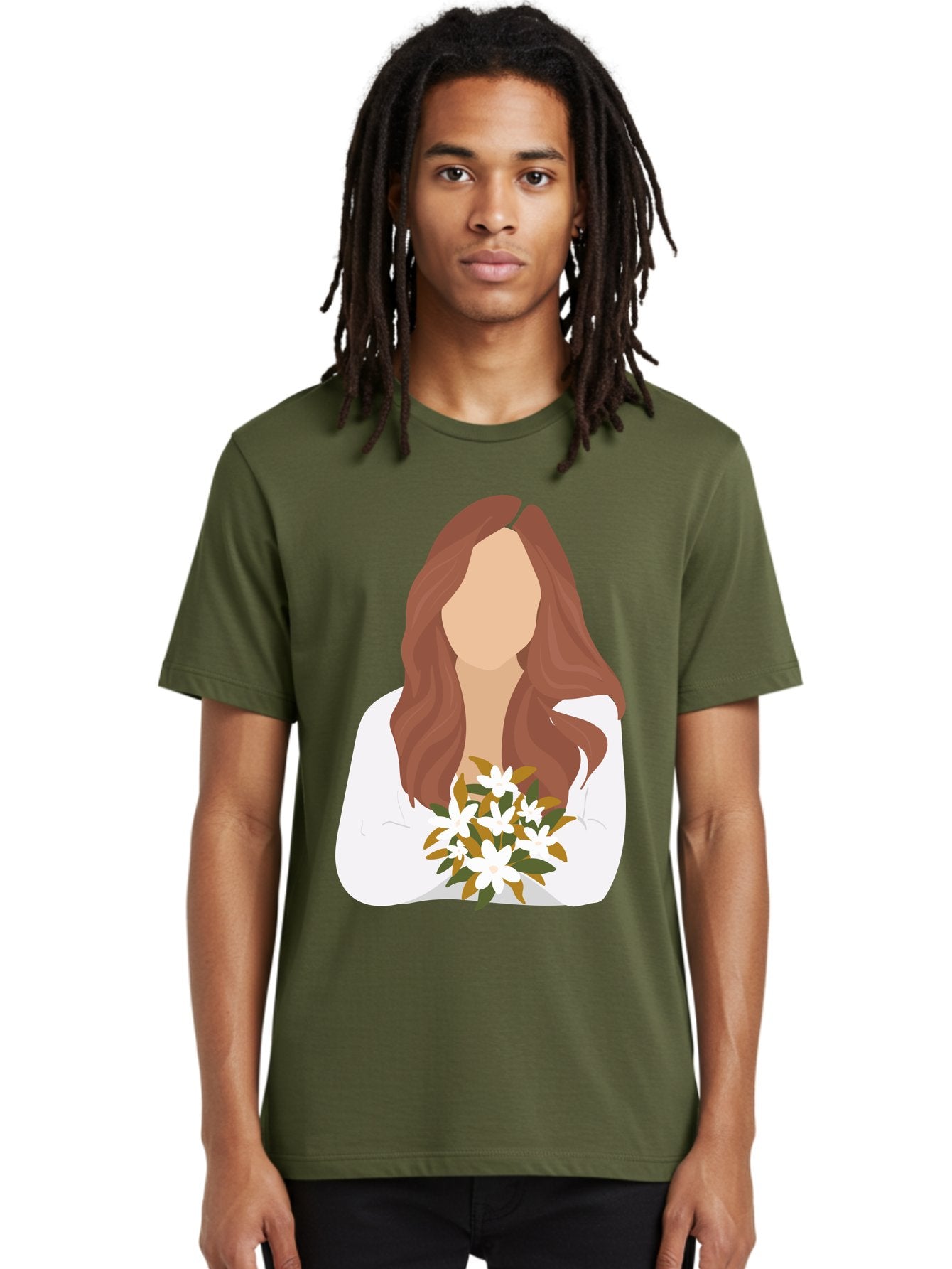 Woman-With-White-Flowers Men'S Graphic Tee, 100% Cotton, Comfortable Casual Summer Wear, Machine Washable, Woman With Long Hair, White Flowers, Bouquet, Elegant Style, Minimalist Design, Faceless Figure, Wavy Locks, Floral Arrangement, Aae083 30
