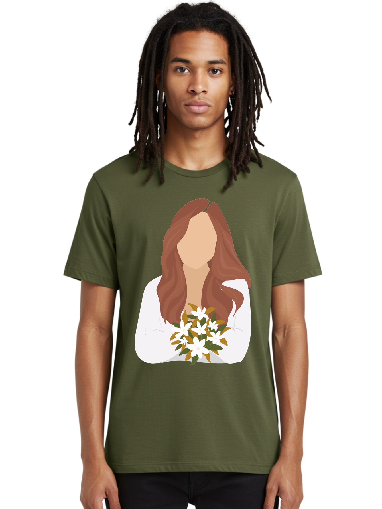 Woman-With-White-Flowers Men'S Graphic Tee, 100% Cotton, Comfortable Casual Summer Wear, Machine Washable, Woman With Long Hair, White Flowers, Bouquet, Elegant Style, Minimalist Design, Faceless Figure, Wavy Locks, Floral Arrangement, Aae083