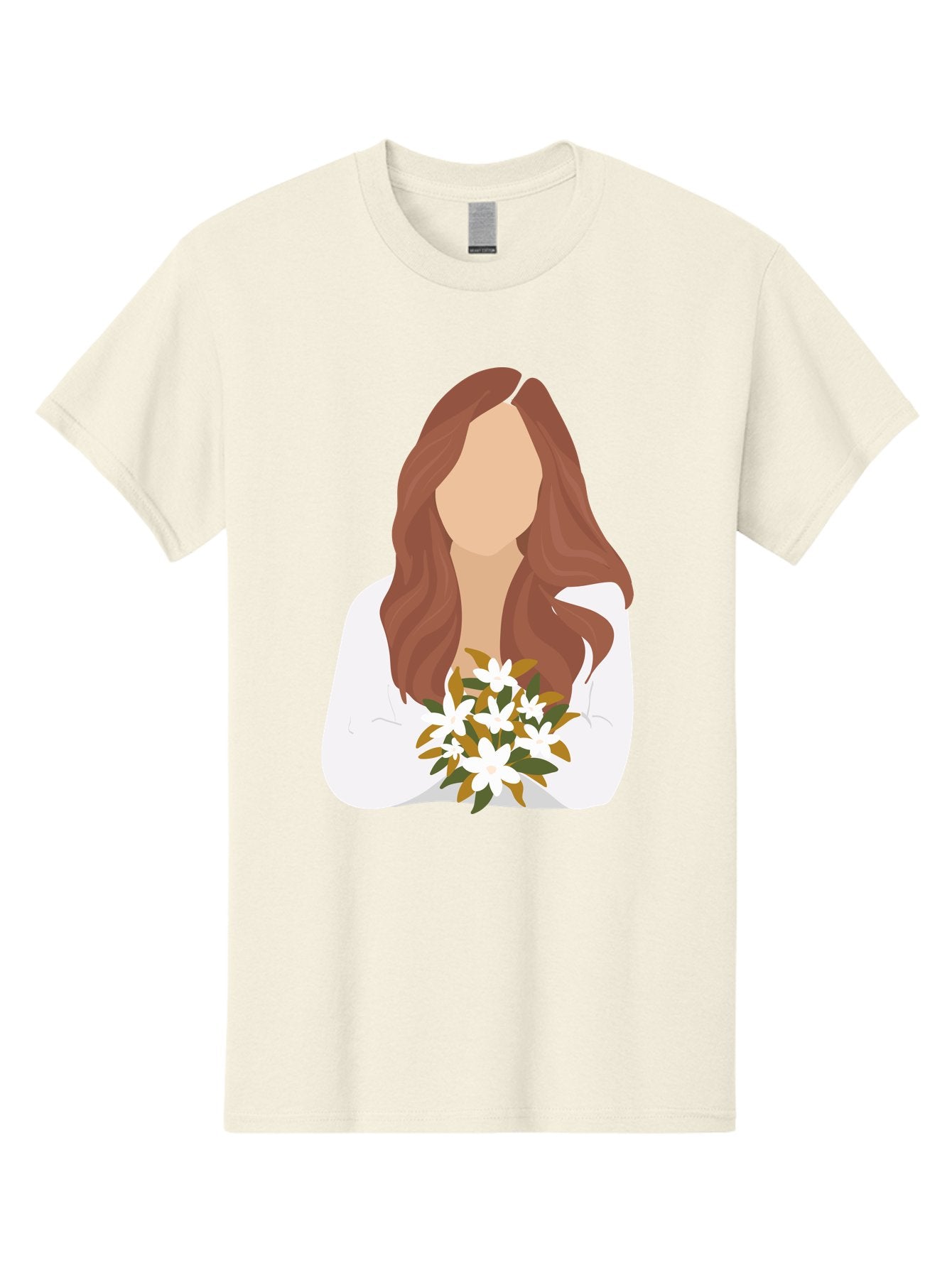 Woman-With-White-Flowers Men'S Graphic Tee, 100% Cotton, Comfortable Casual Summer Wear, Machine Washable, Woman With Long Hair, White Flowers, Bouquet, Elegant Style, Minimalist Design, Faceless Figure, Wavy Locks, Floral Arrangement, Aae083 5