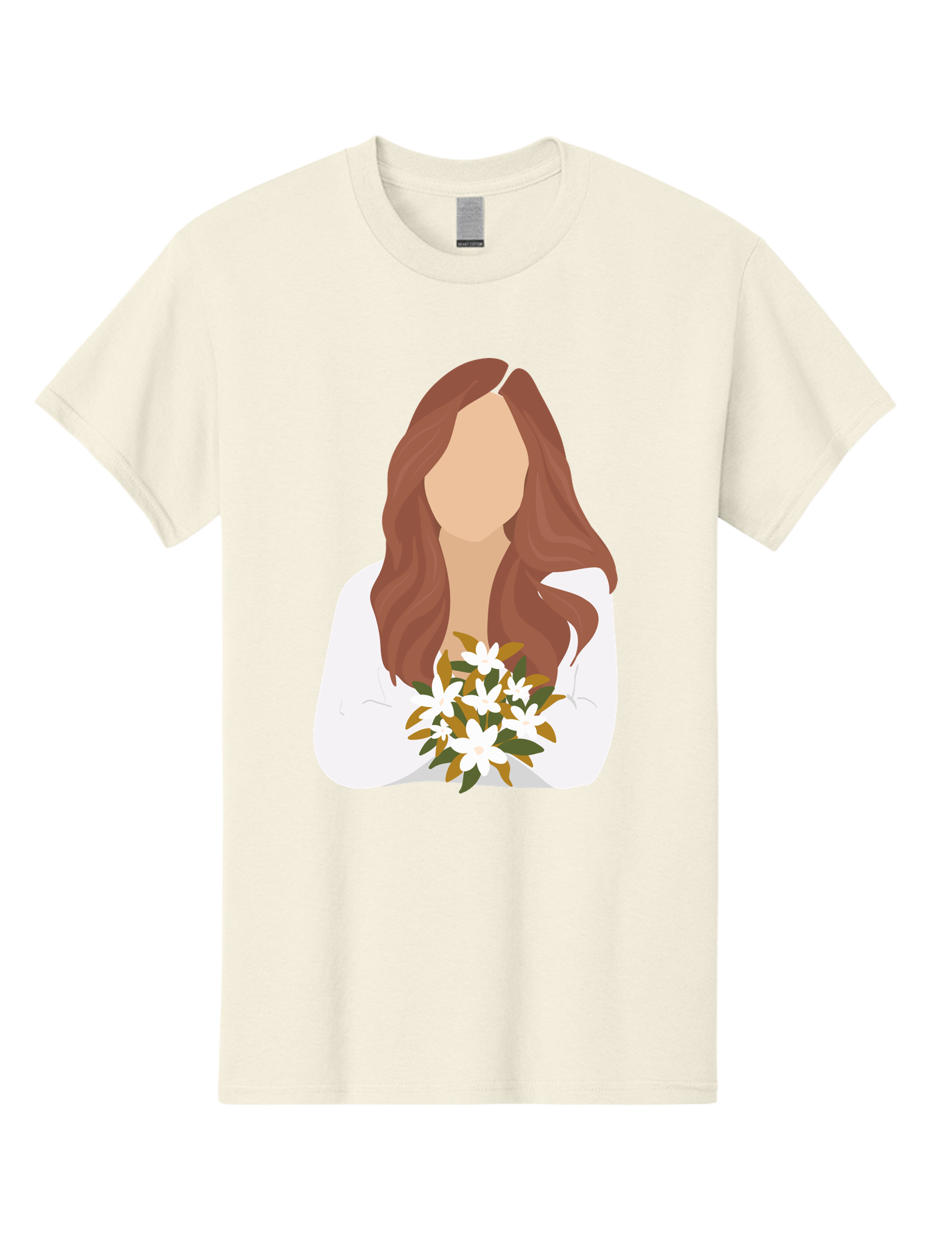 Woman-With-White-Flowers Men'S Graphic Tee, 100% Cotton, Comfortable Casual Summer Wear, Machine Washable, Woman With Long Hair, White Flowers, Bouquet, Elegant Style, Minimalist Design, Faceless Figure, Wavy Locks, Floral Arrangement, Aae083 15