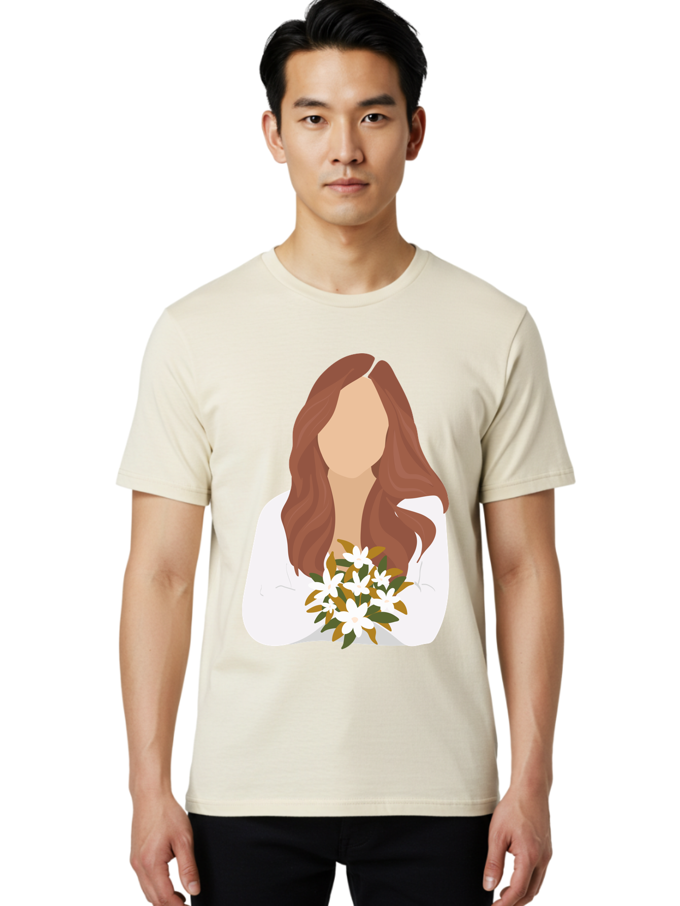 Woman-With-White-Flowers Men'S Graphic Tee, 100% Cotton, Comfortable Casual Summer Wear, Machine Washable, Woman With Long Hair, White Flowers, Bouquet, Elegant Style, Minimalist Design, Faceless Figure, Wavy Locks, Floral Arrangement, Aae083 16