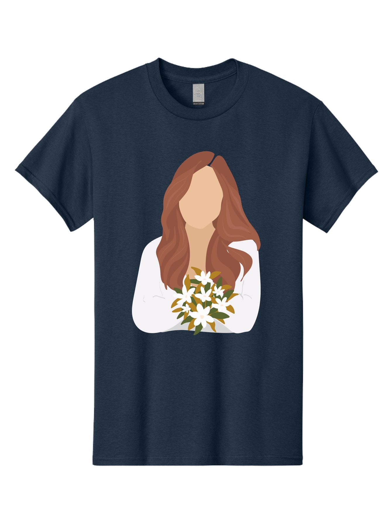 Woman-With-White-Flowers Men'S Graphic Tee, 100% Cotton, Comfortable Casual Summer Wear, Machine Washable, Woman With Long Hair, White Flowers, Bouquet, Elegant Style, Minimalist Design, Faceless Figure, Wavy Locks, Floral Arrangement, Aae083