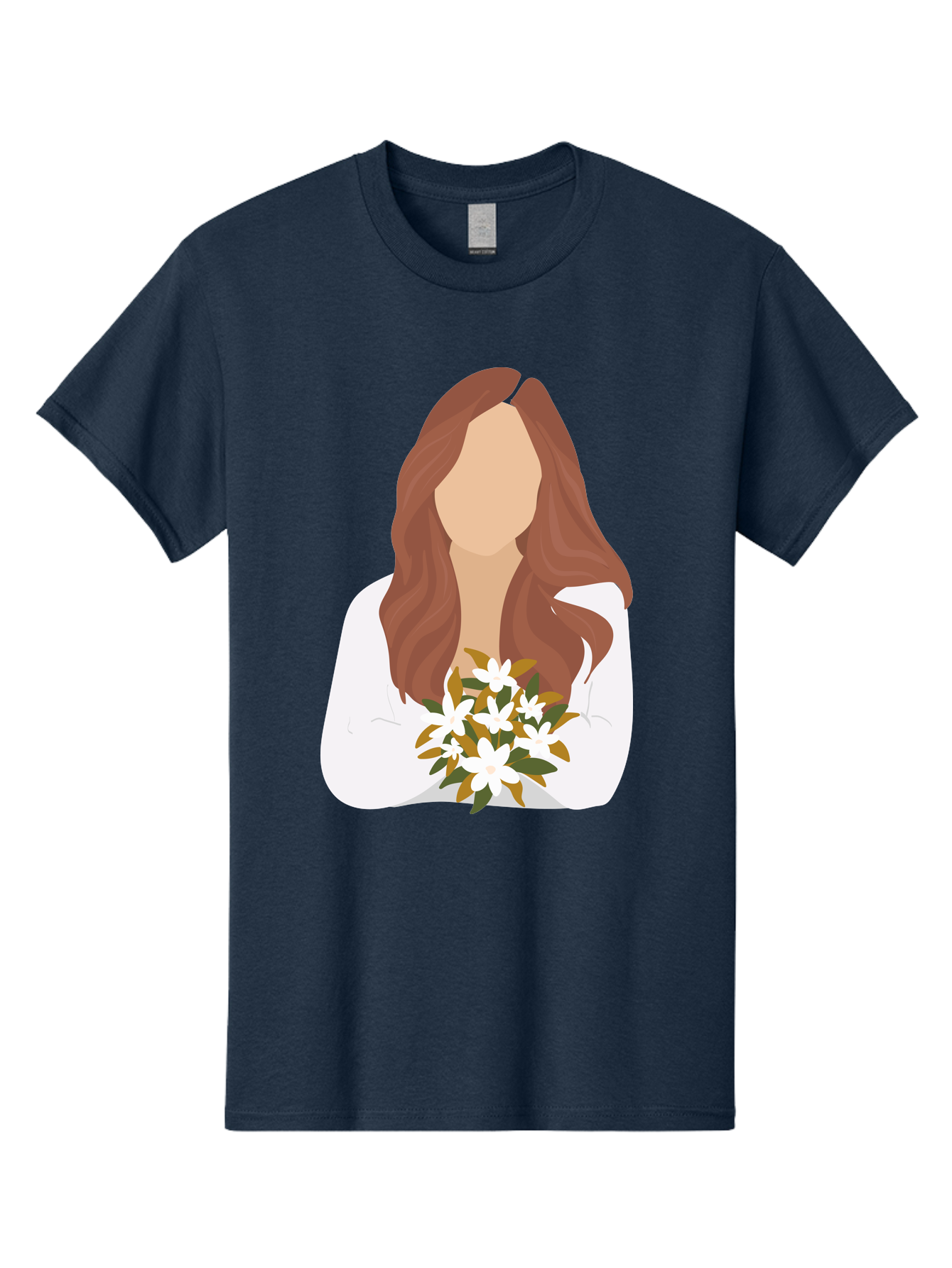 Woman-With-White-Flowers Men'S Graphic Tee, 100% Cotton, Comfortable Casual Summer Wear, Machine Washable, Woman With Long Hair, White Flowers, Bouquet, Elegant Style, Minimalist Design, Faceless Figure, Wavy Locks, Floral Arrangement, Aae083 21