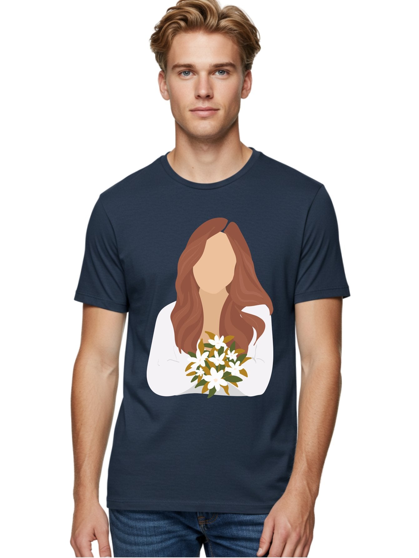 Woman-With-White-Flowers Men'S Graphic Tee, 100% Cotton, Comfortable Casual Summer Wear, Machine Washable, Woman With Long Hair, White Flowers, Bouquet, Elegant Style, Minimalist Design, Faceless Figure, Wavy Locks, Floral Arrangement, Aae083 19