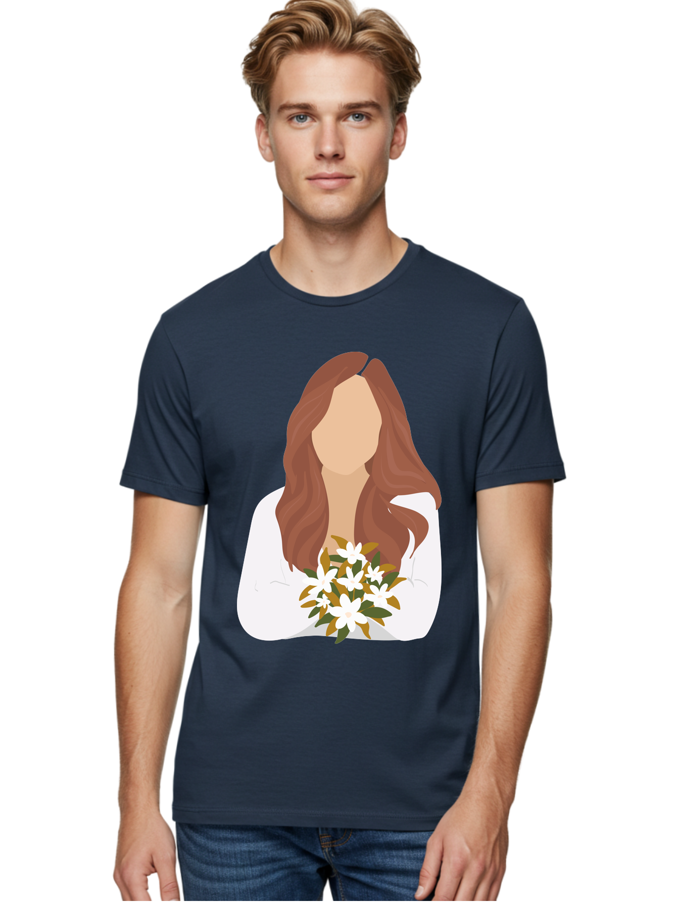 Woman-With-White-Flowers Men'S Graphic Tee, 100% Cotton, Comfortable Casual Summer Wear, Machine Washable, Woman With Long Hair, White Flowers, Bouquet, Elegant Style, Minimalist Design, Faceless Figure, Wavy Locks, Floral Arrangement, Aae083 22