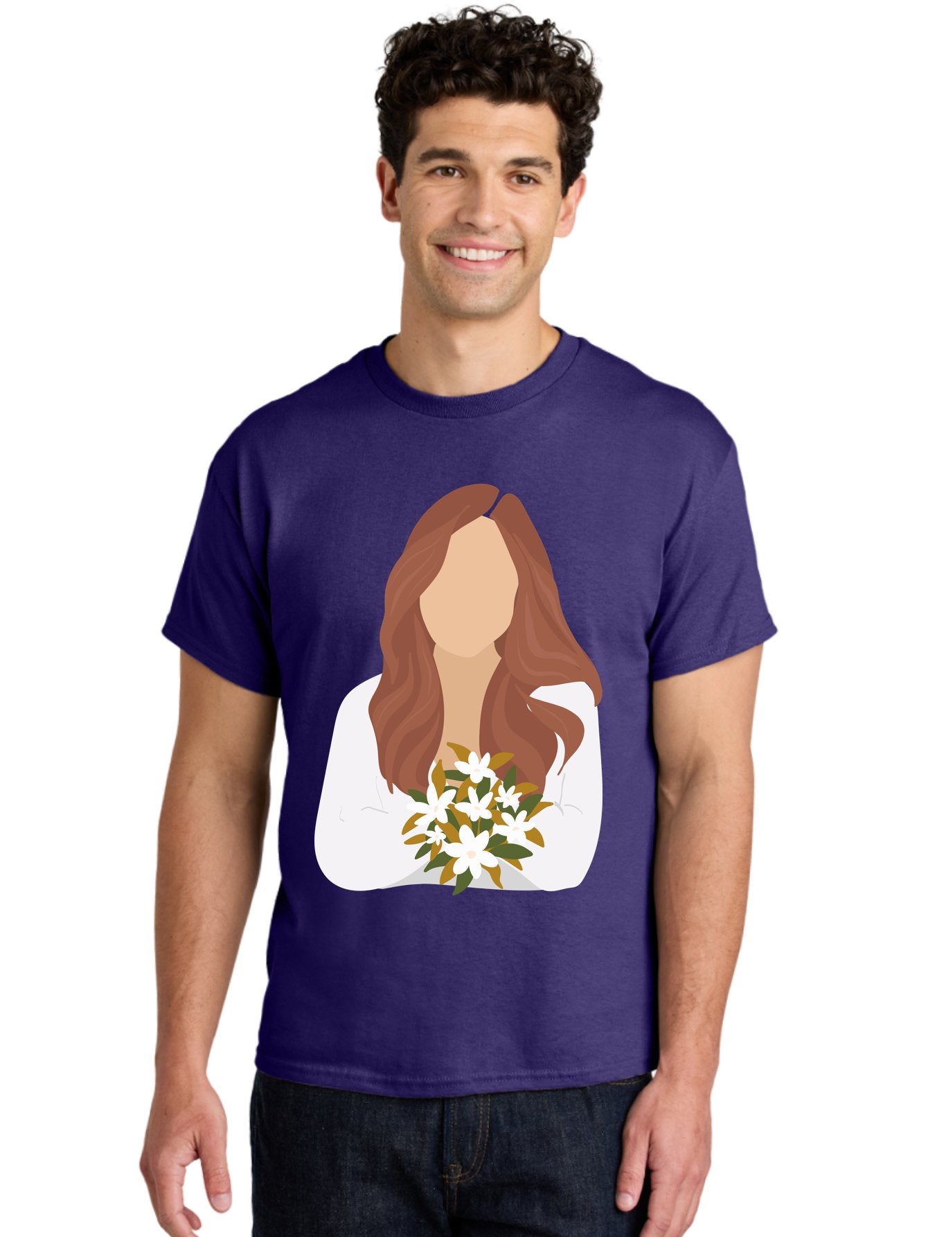 Woman-With-White-Flowers Men'S Graphic Tee, 100% Cotton, Comfortable Casual Summer Wear, Machine Washable, Woman With Long Hair, White Flowers, Bouquet, Elegant Style, Minimalist Design, Faceless Figure, Wavy Locks, Floral Arrangement, Aae083 21