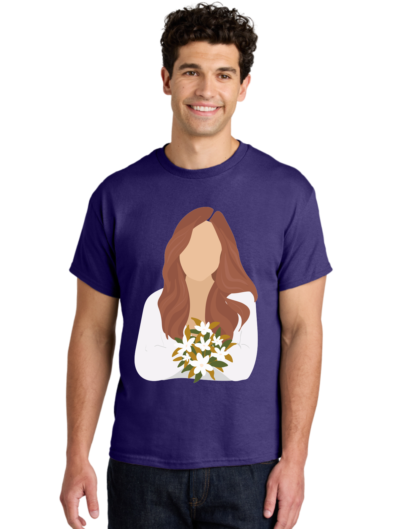 Woman-With-White-Flowers Men'S Graphic Tee, 100% Cotton, Comfortable Casual Summer Wear, Machine Washable, Woman With Long Hair, White Flowers, Bouquet, Elegant Style, Minimalist Design, Faceless Figure, Wavy Locks, Floral Arrangement, Aae083 20