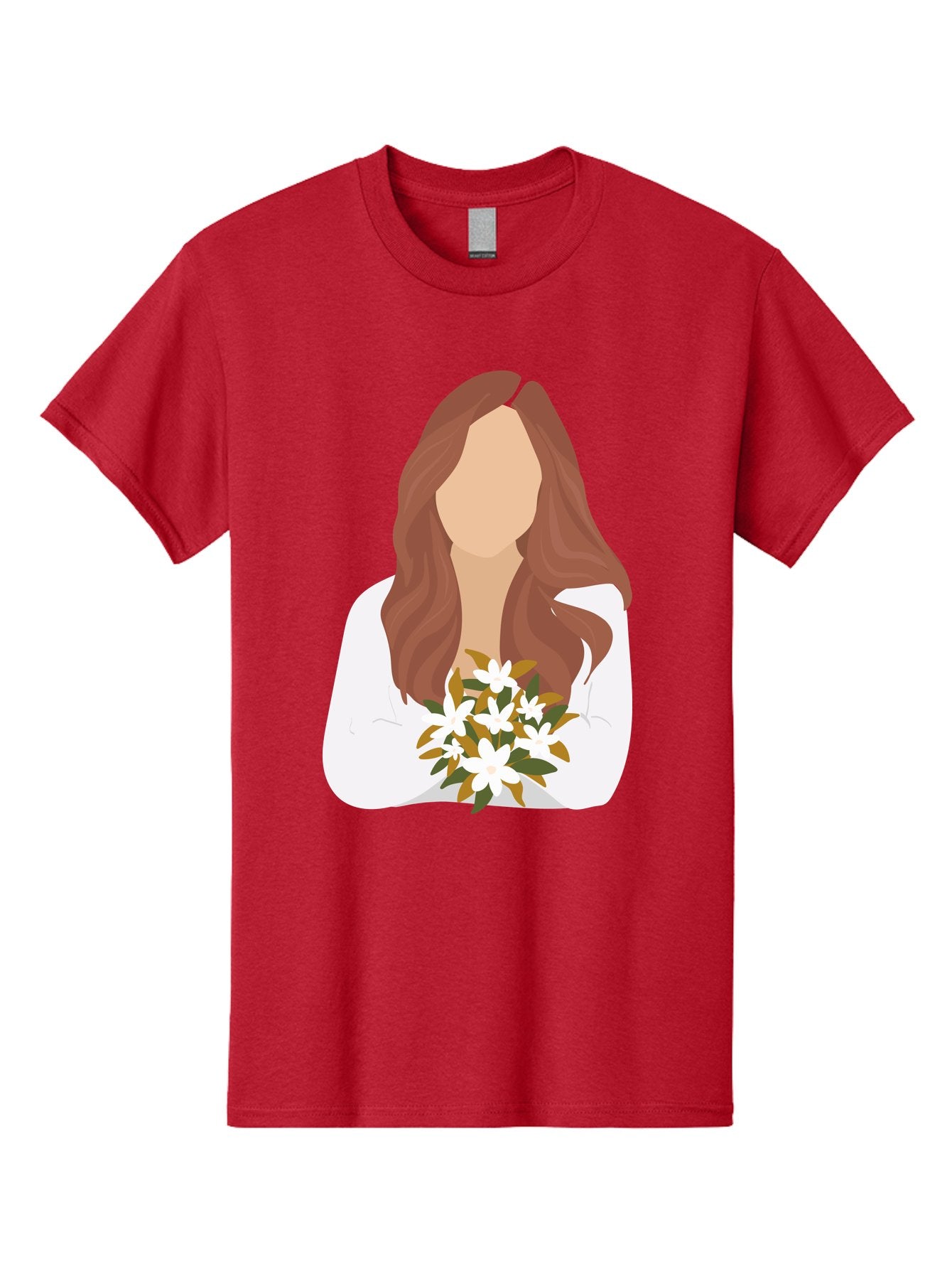 Woman-With-White-Flowers Men'S Graphic Tee, 100% Cotton, Comfortable Casual Summer Wear, Machine Washable, Woman With Long Hair, White Flowers, Bouquet, Elegant Style, Minimalist Design, Faceless Figure, Wavy Locks, Floral Arrangement, Aae083 11