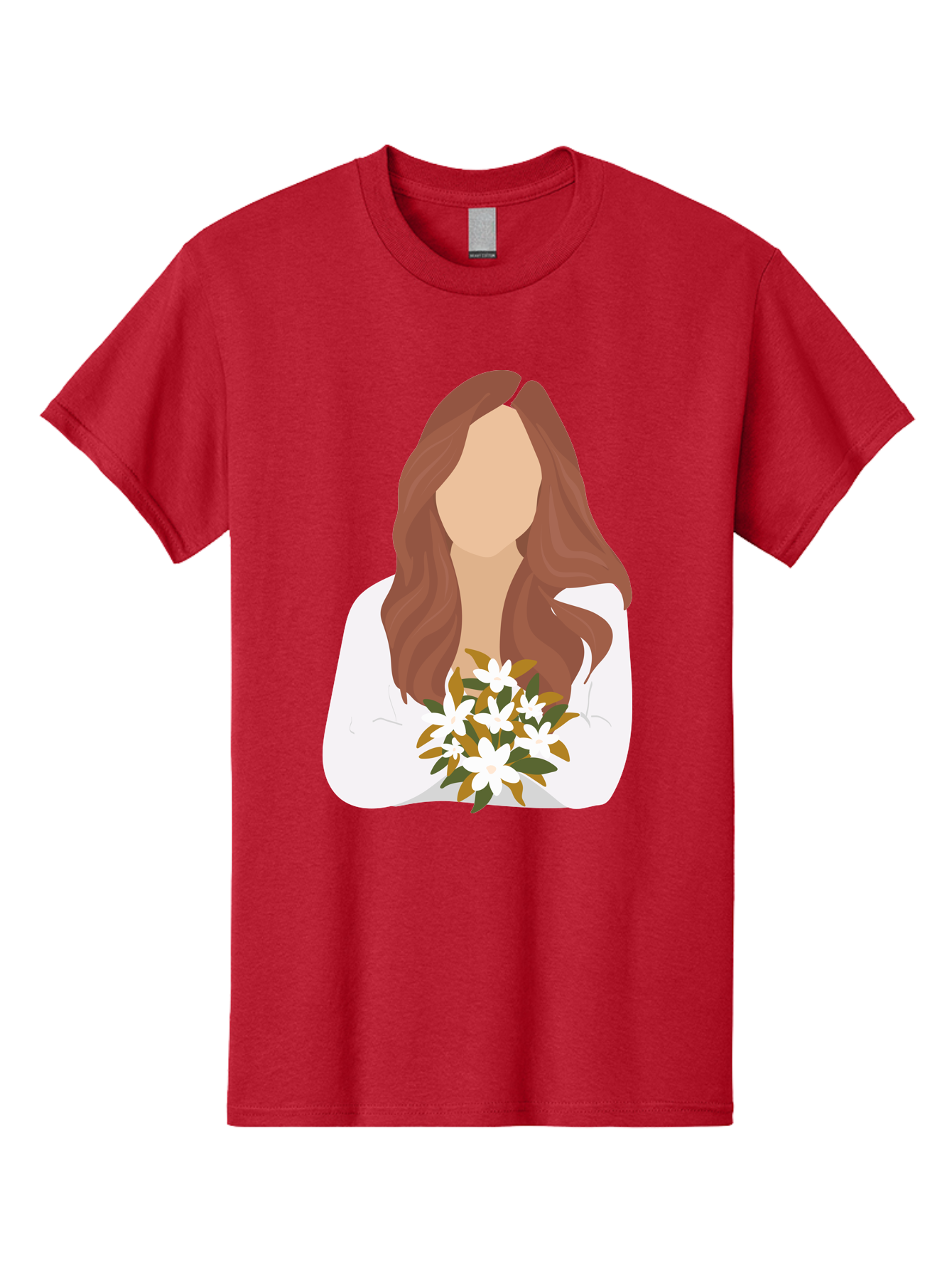 Woman-With-White-Flowers Men'S Graphic Tee, 100% Cotton, Comfortable Casual Summer Wear, Machine Washable, Woman With Long Hair, White Flowers, Bouquet, Elegant Style, Minimalist Design, Faceless Figure, Wavy Locks, Floral Arrangement, Aae083 7