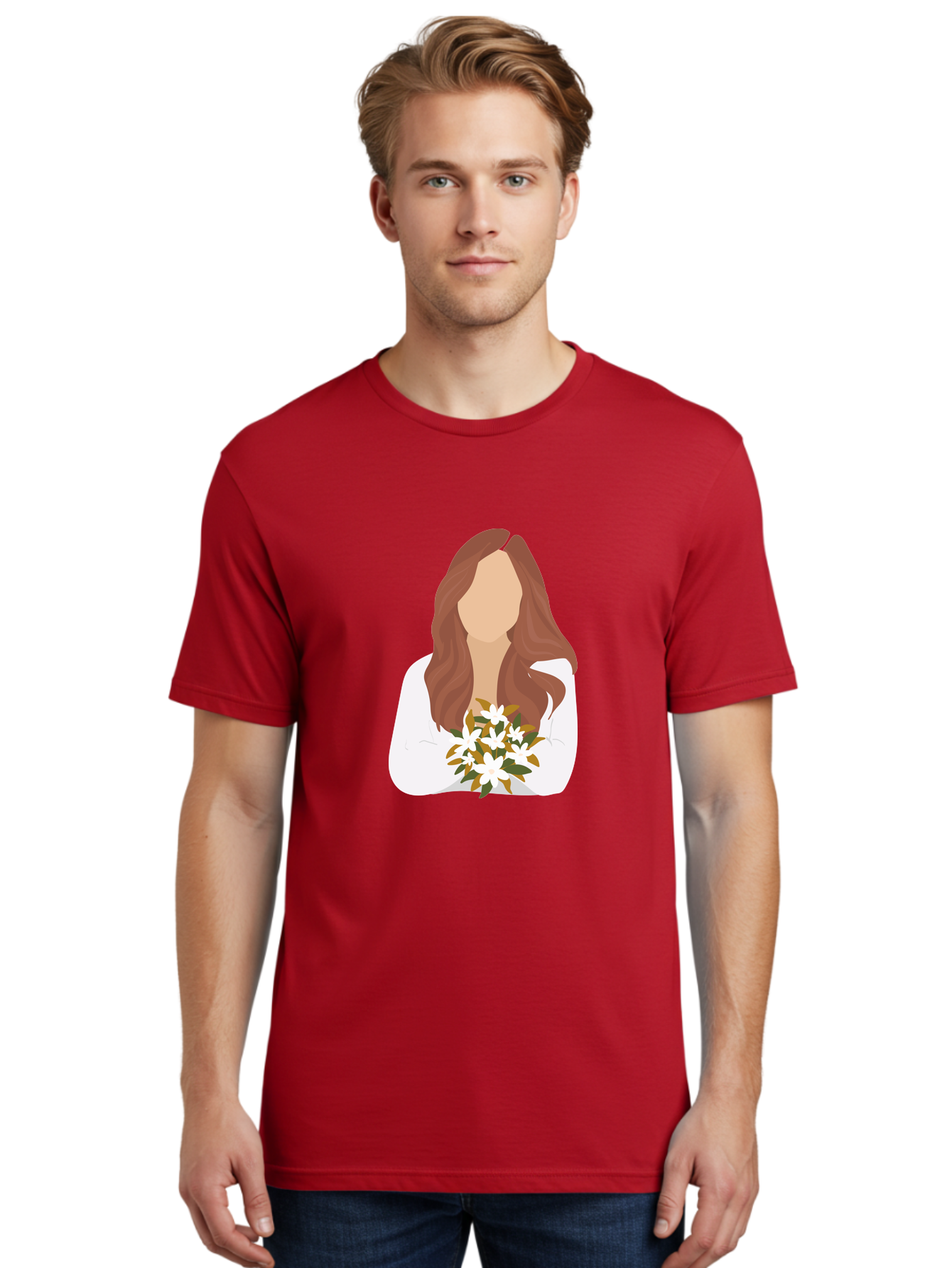 Woman-With-White-Flowers Men'S Graphic Tee, 100% Cotton, Comfortable Casual Summer Wear, Machine Washable, Woman With Long Hair, White Flowers, Bouquet, Elegant Style, Minimalist Design, Faceless Figure, Wavy Locks, Floral Arrangement, Aae083 8
