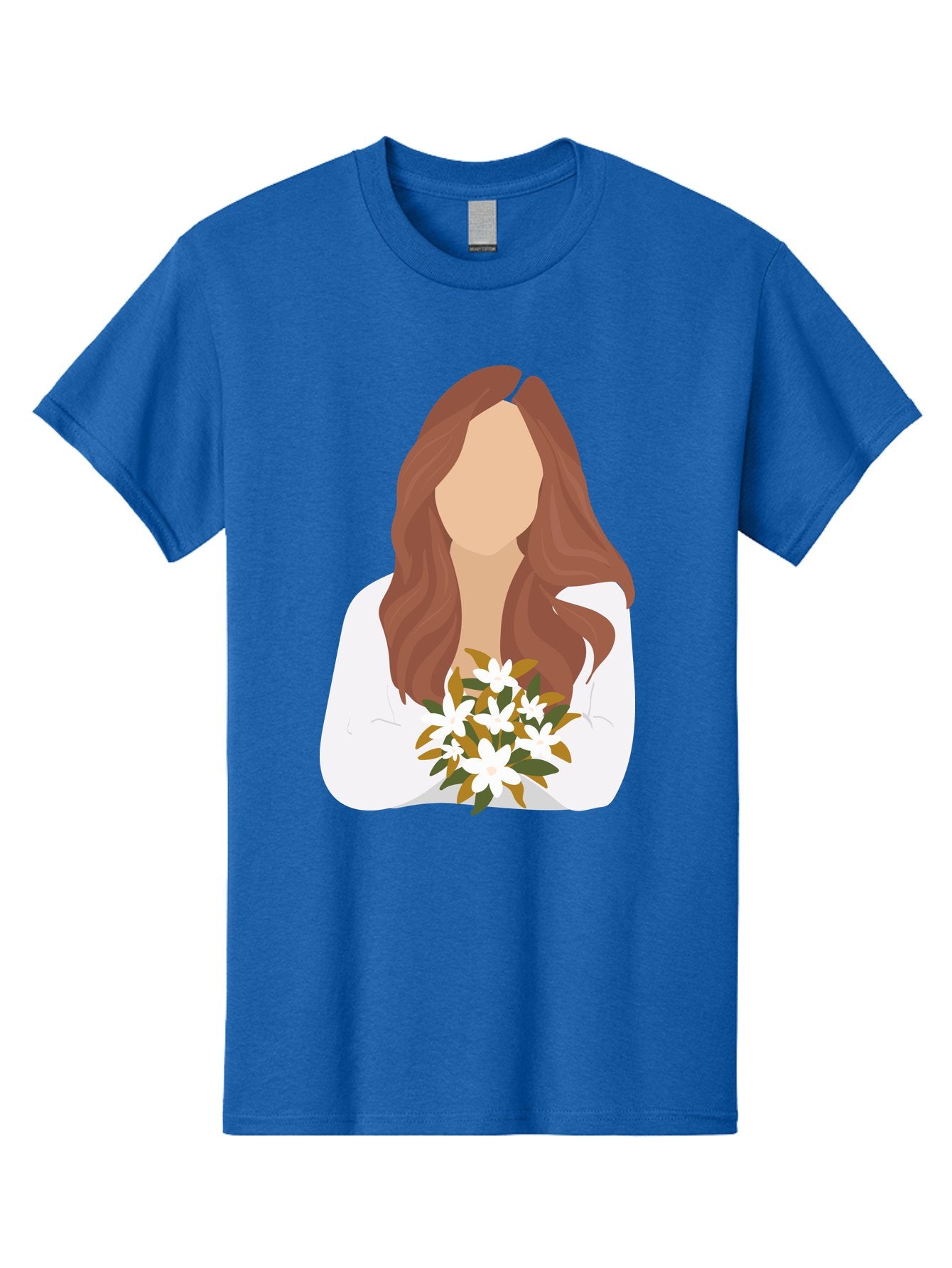Woman-With-White-Flowers Men'S Graphic Tee, 100% Cotton, Comfortable Casual Summer Wear, Machine Washable, Woman With Long Hair, White Flowers, Bouquet, Elegant Style, Minimalist Design, Faceless Figure, Wavy Locks, Floral Arrangement, Aae083 6