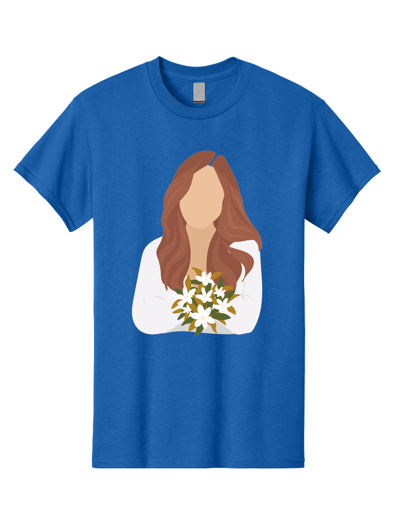 Woman-With-White-Flowers Men'S Graphic Tee, 100% Cotton, Comfortable Casual Summer Wear, Machine Washable, Woman With Long Hair, White Flowers, Bouquet, Elegant Style, Minimalist Design, Faceless Figure, Wavy Locks, Floral Arrangement, Aae083 13