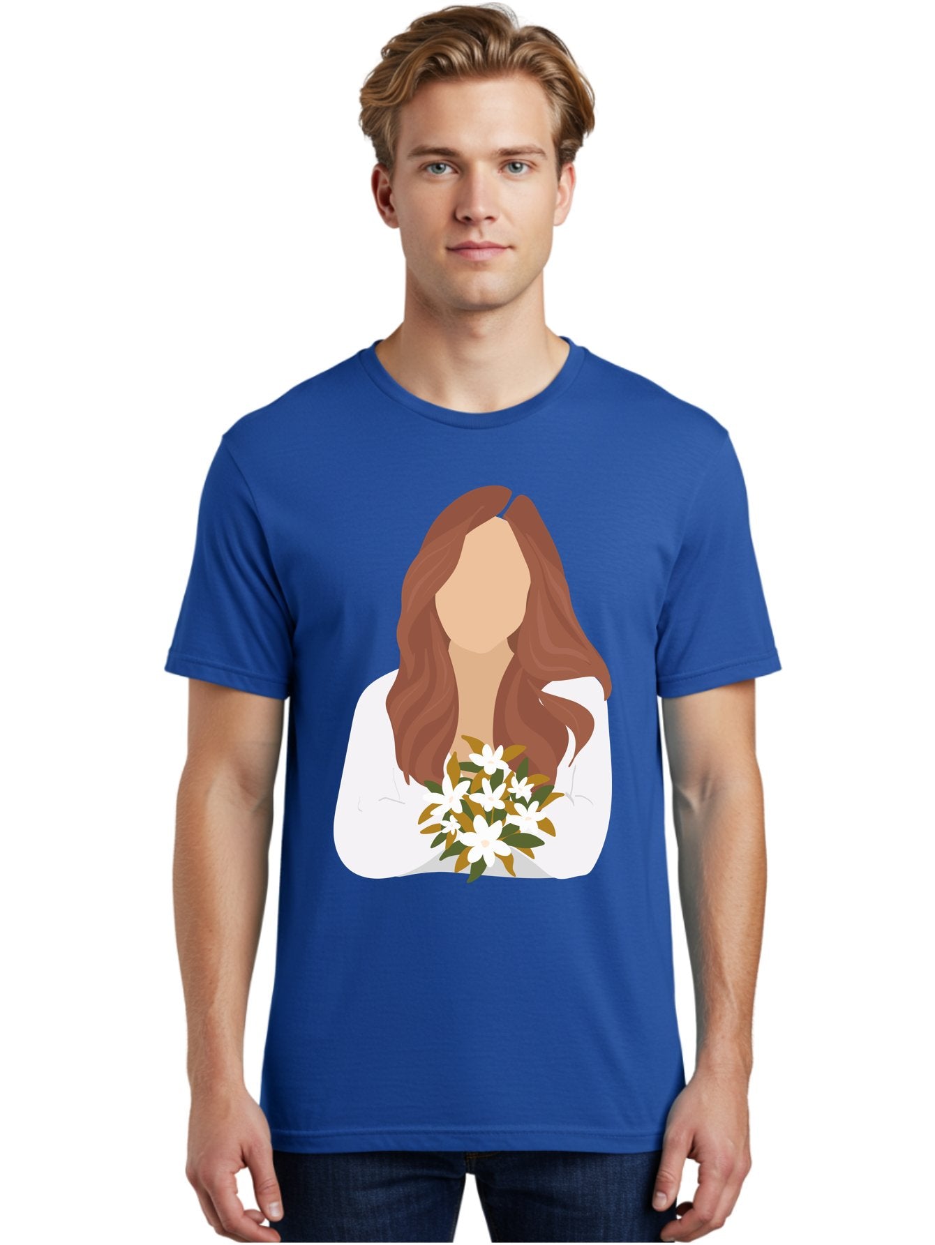 Woman-With-White-Flowers Men'S Graphic Tee, 100% Cotton, Comfortable Casual Summer Wear, Machine Washable, Woman With Long Hair, White Flowers, Bouquet, Elegant Style, Minimalist Design, Faceless Figure, Wavy Locks, Floral Arrangement, Aae083 24
