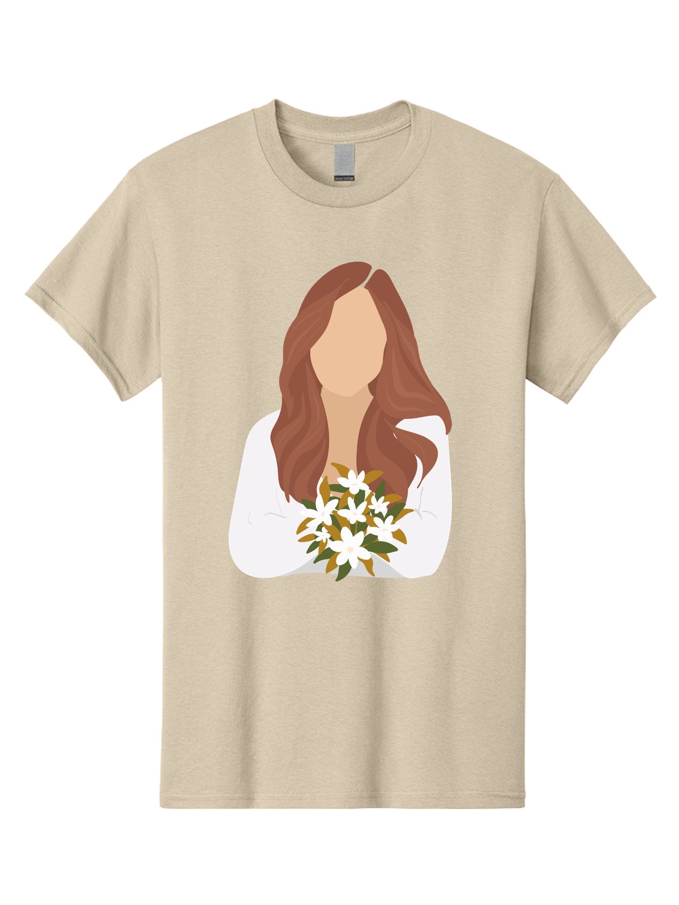 Woman-With-White-Flowers Men'S Graphic Tee, 100% Cotton, Comfortable Casual Summer Wear, Machine Washable, Woman With Long Hair, White Flowers, Bouquet, Elegant Style, Minimalist Design, Faceless Figure, Wavy Locks, Floral Arrangement, Aae083 12