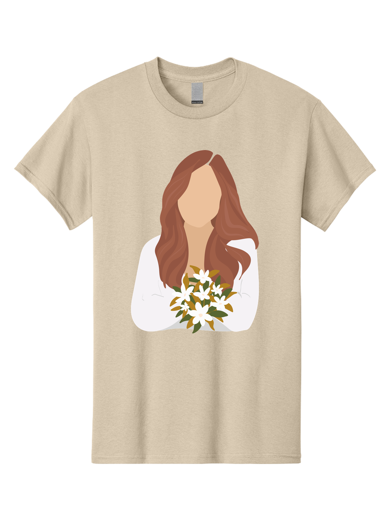 Woman-With-White-Flowers Men'S Graphic Tee, 100% Cotton, Comfortable Casual Summer Wear, Machine Washable, Woman With Long Hair, White Flowers, Bouquet, Elegant Style, Minimalist Design, Faceless Figure, Wavy Locks, Floral Arrangement, Aae083 5
