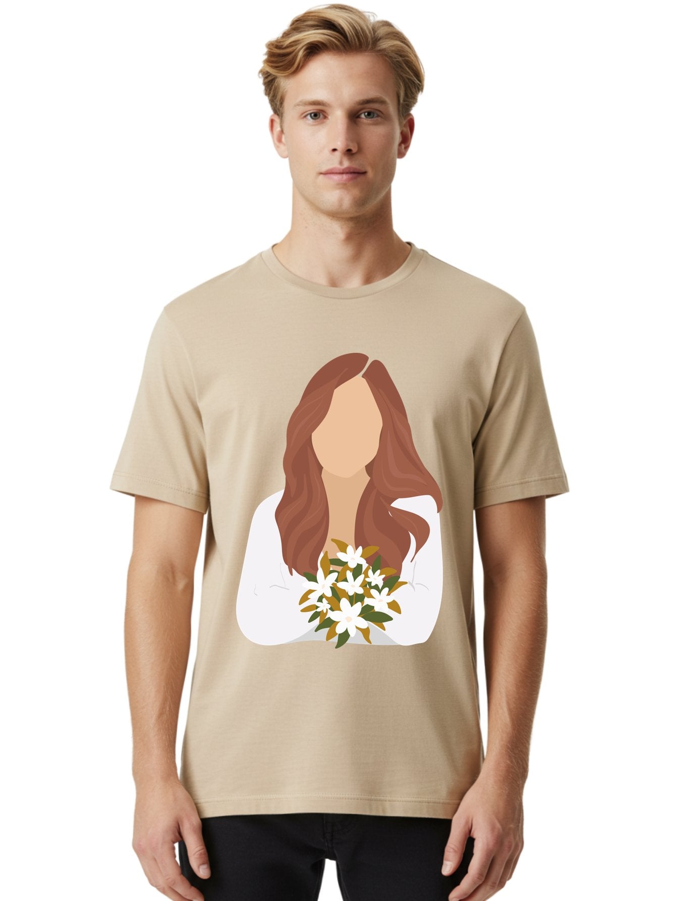 Woman-With-White-Flowers Men'S Graphic Tee, 100% Cotton, Comfortable Casual Summer Wear, Machine Washable, Woman With Long Hair, White Flowers, Bouquet, Elegant Style, Minimalist Design, Faceless Figure, Wavy Locks, Floral Arrangement, Aae083 28