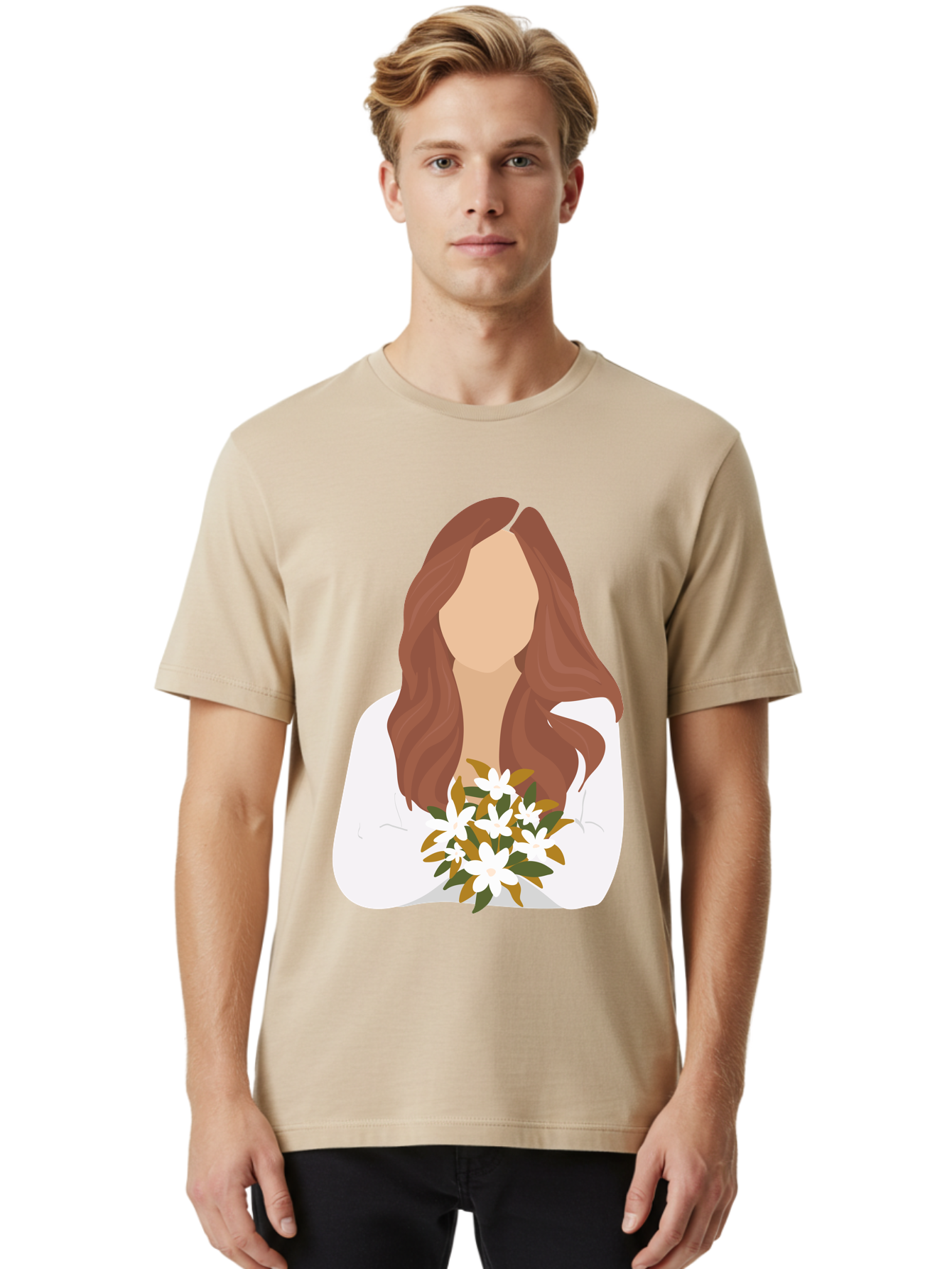 Woman-With-White-Flowers Men'S Graphic Tee, 100% Cotton, Comfortable Casual Summer Wear, Machine Washable, Woman With Long Hair, White Flowers, Bouquet, Elegant Style, Minimalist Design, Faceless Figure, Wavy Locks, Floral Arrangement, Aae083 6