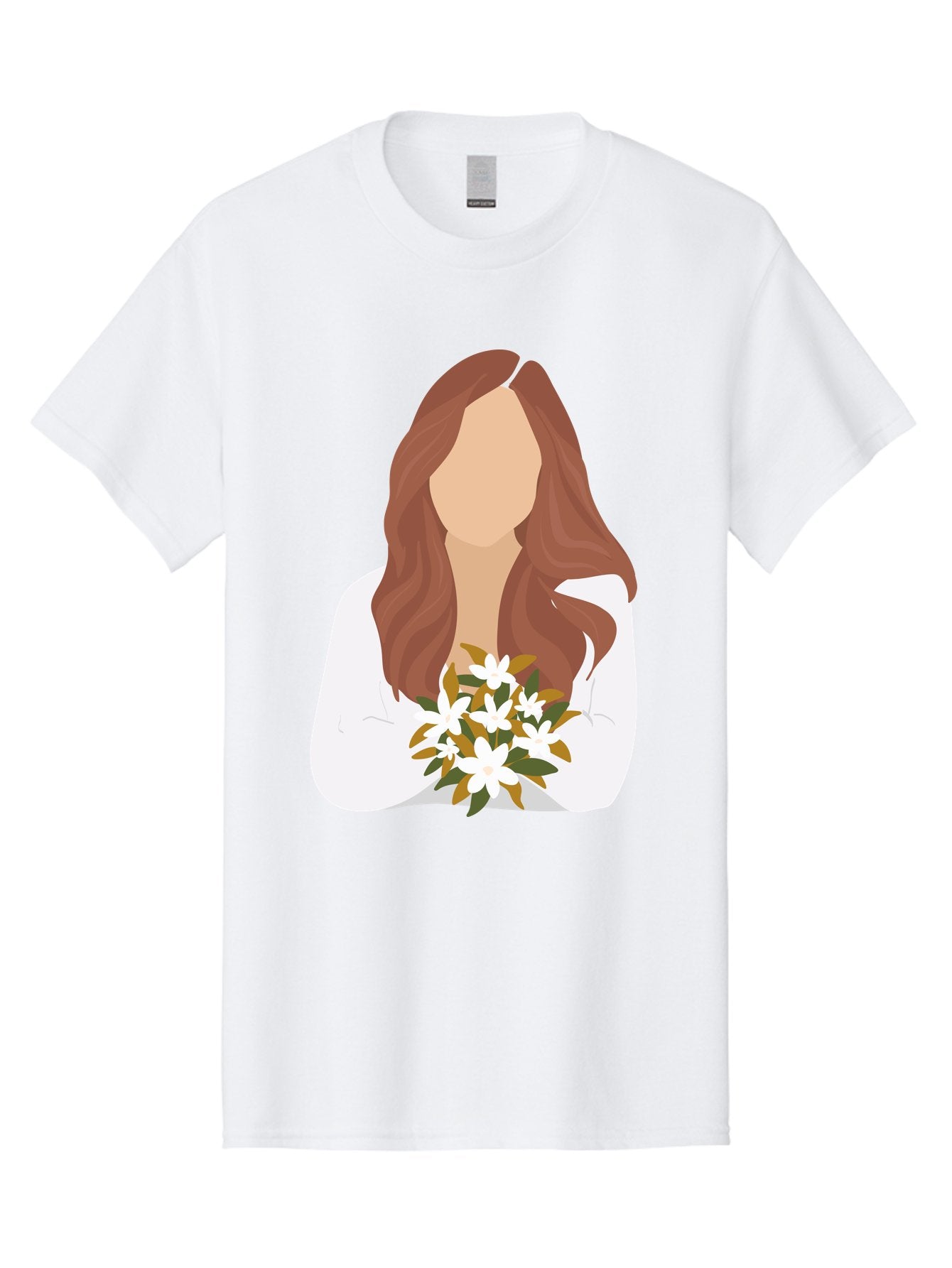 Woman-With-White-Flowers Men'S Graphic Tee, 100% Cotton, Comfortable Casual Summer Wear, Machine Washable, Woman With Long Hair, White Flowers, Bouquet, Elegant Style, Minimalist Design, Faceless Figure, Wavy Locks, Floral Arrangement, Aae083 4