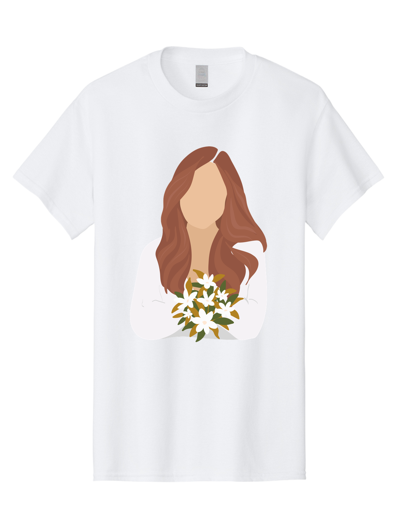 Woman-With-White-Flowers Men'S Graphic Tee, 100% Cotton, Comfortable Casual Summer Wear, Machine Washable, Woman With Long Hair, White Flowers, Bouquet, Elegant Style, Minimalist Design, Faceless Figure, Wavy Locks, Floral Arrangement, Aae083 23