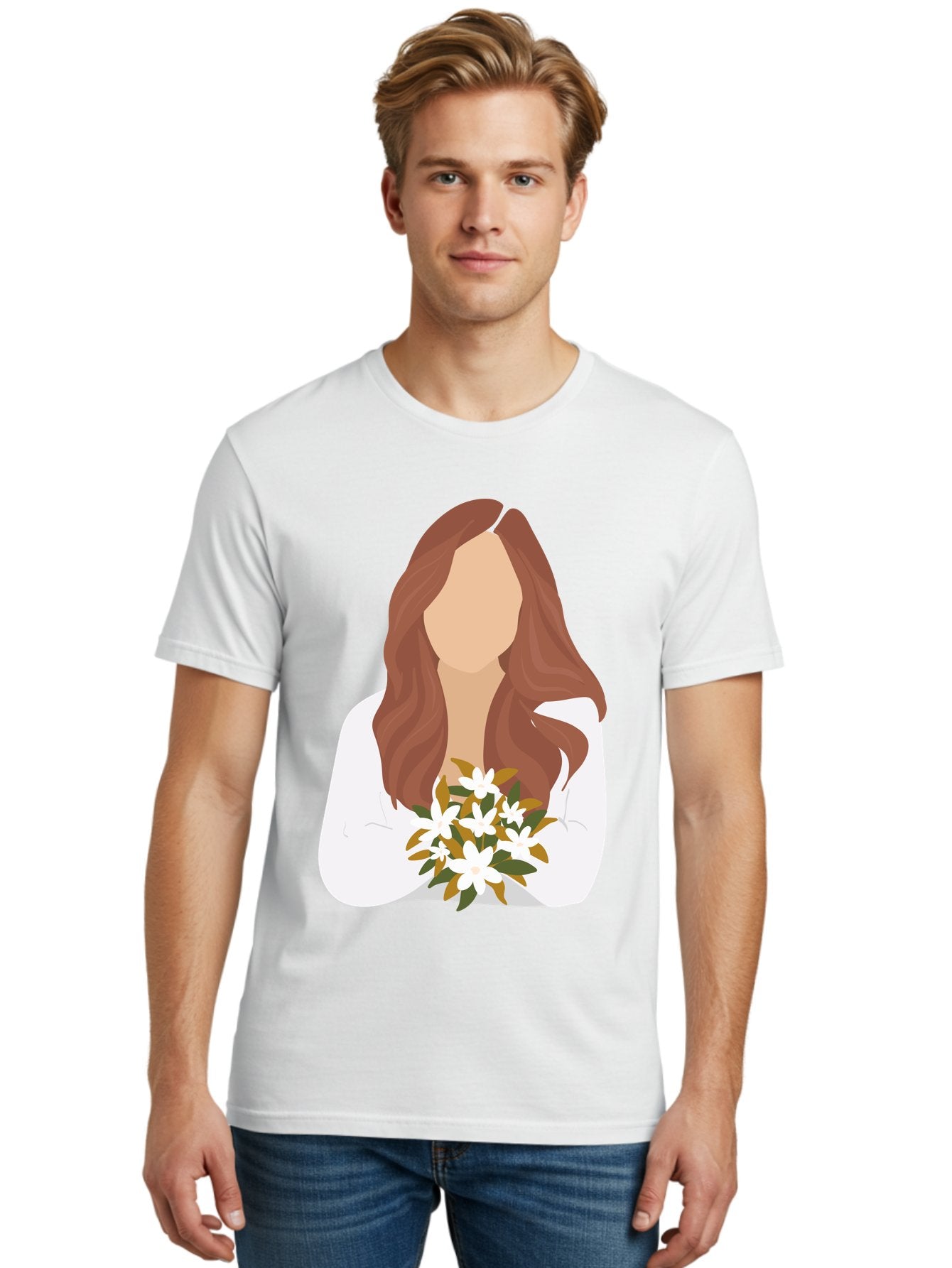 Woman-With-White-Flowers Men'S Graphic Tee, 100% Cotton, Comfortable Casual Summer Wear, Machine Washable, Woman With Long Hair, White Flowers, Bouquet, Elegant Style, Minimalist Design, Faceless Figure, Wavy Locks, Floral Arrangement, Aae083 18